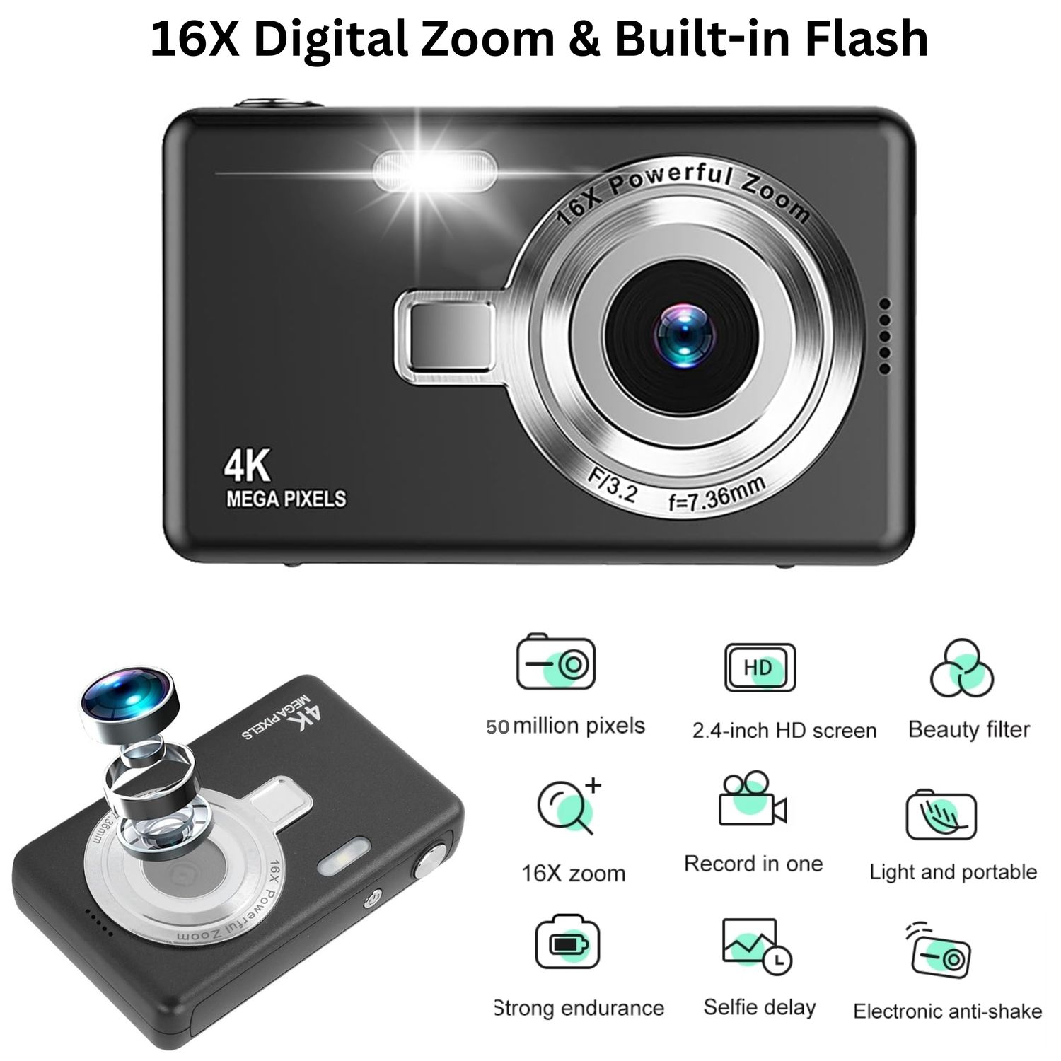 MAKATA Kid's 4K Digital Camera and Video Recorder 48MP 16X Zoom 1080P HD Vlogging Point and Shoot Camera 32GB Memory Card, Gift for Kids, Teens,