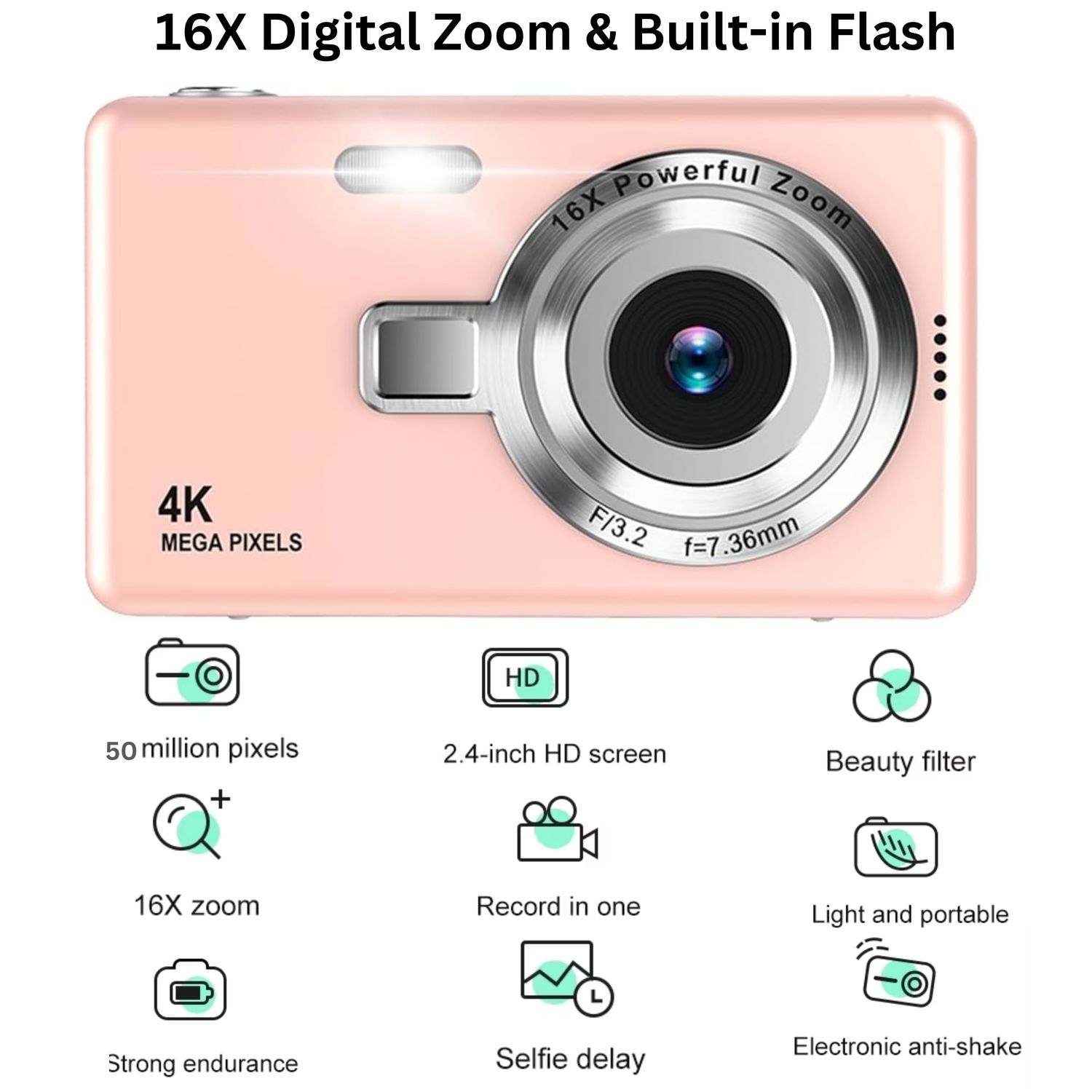 MAKATA Kid's 4K Digital Camera and Video Recorder 48MP 16X Zoom 1080P HD Vlogging Point and Shoot Camera 32GB Memory Card, Gift for Kids, Teens,