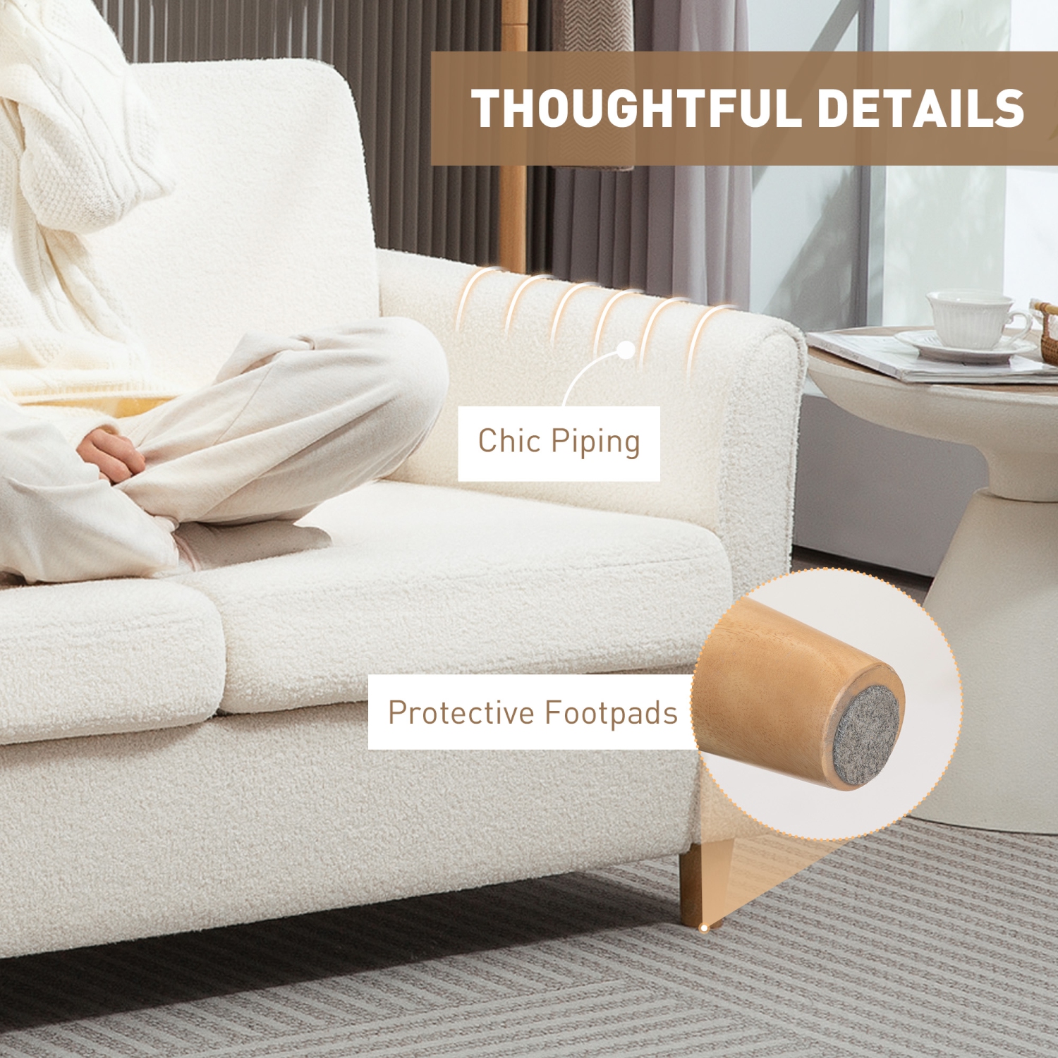 HOMCOM – Causeuse 56&nbsp;po, canapé 2 places rembourré avec accoudoirs et pattes en bois pour le salon, la chambre à coucher, blanc crème