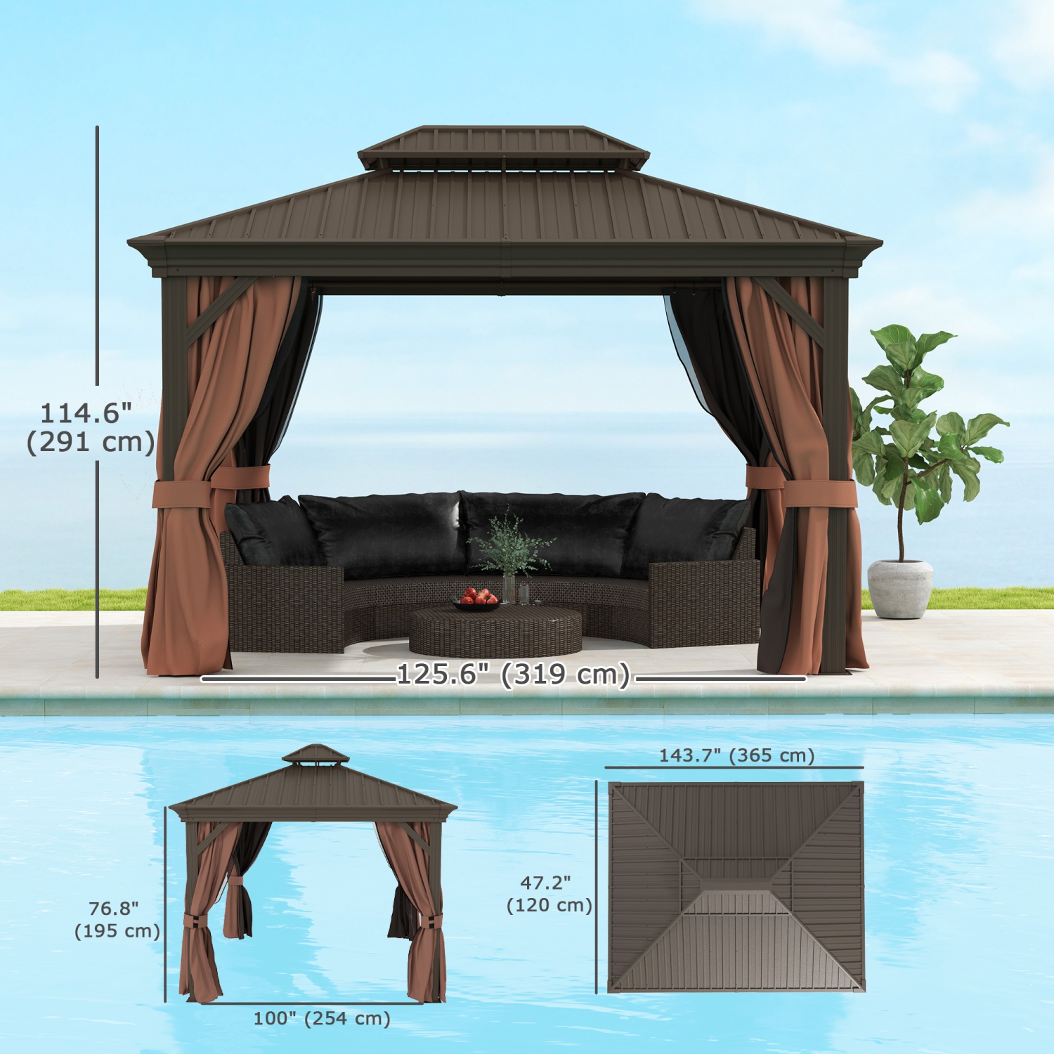 Outsunny 10' x 12' Hardtop Gazebo Canopy with Galvanized Steel Roof, Aluminum Frame, Permanent Gazebo with Netting and Curtains for Patio, Garden,