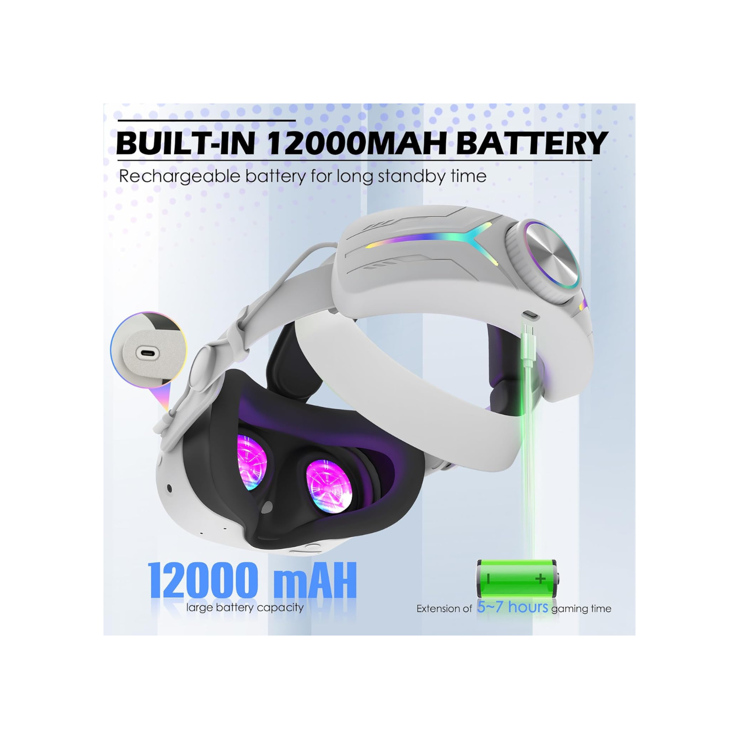Head Strap Accessories Compatible for Quest 3S with Extended 12000mah Battery Pack, PD Fast Charging 9V 2A Extended Gaming Time with RGB Light