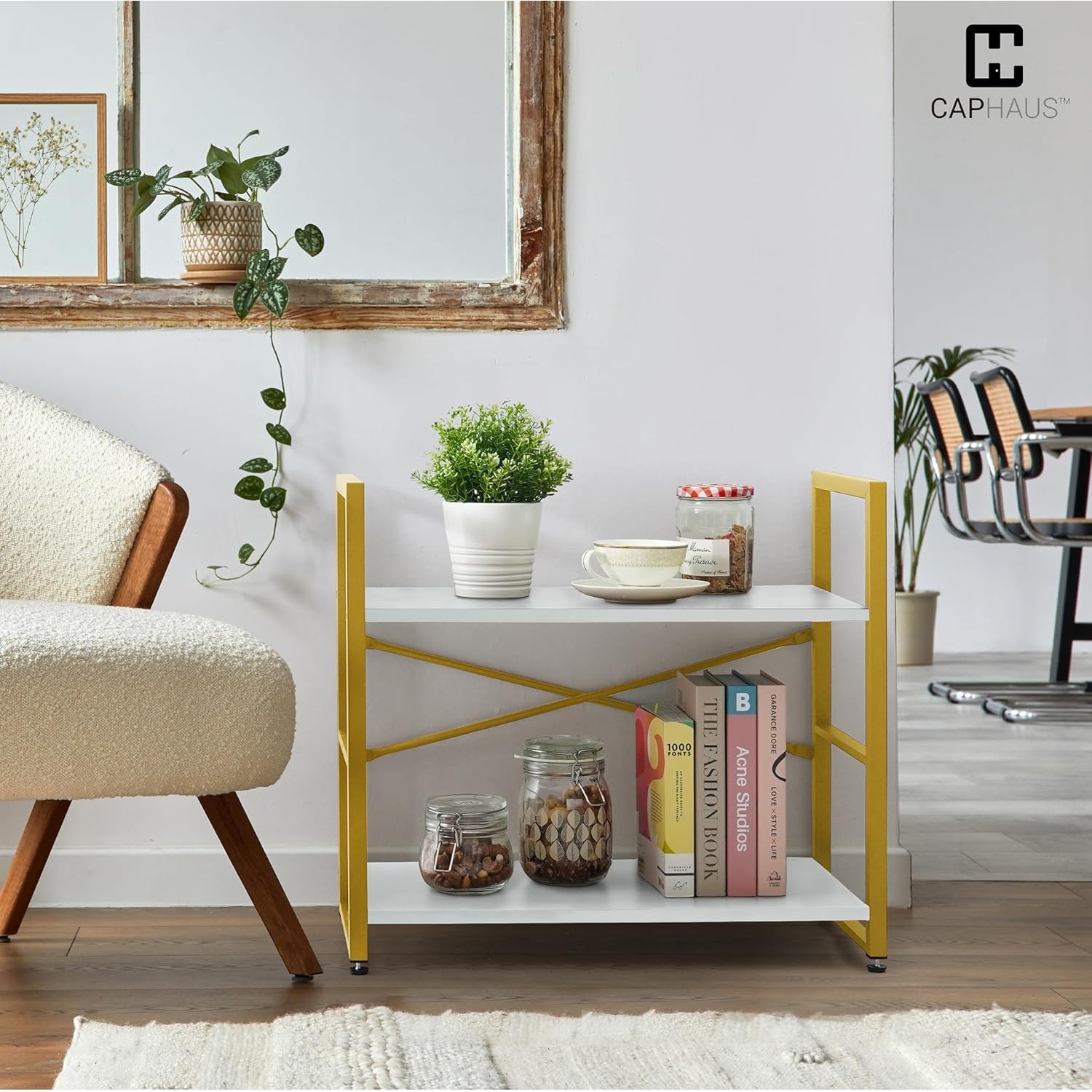 CAPHAUS 2 Tier Small Bookshelf, 24 Inch Width Free Standing Shelf, Bookcase Shelf Storage Organizer, Industrial Book Shelves, White Wooden Shelves &