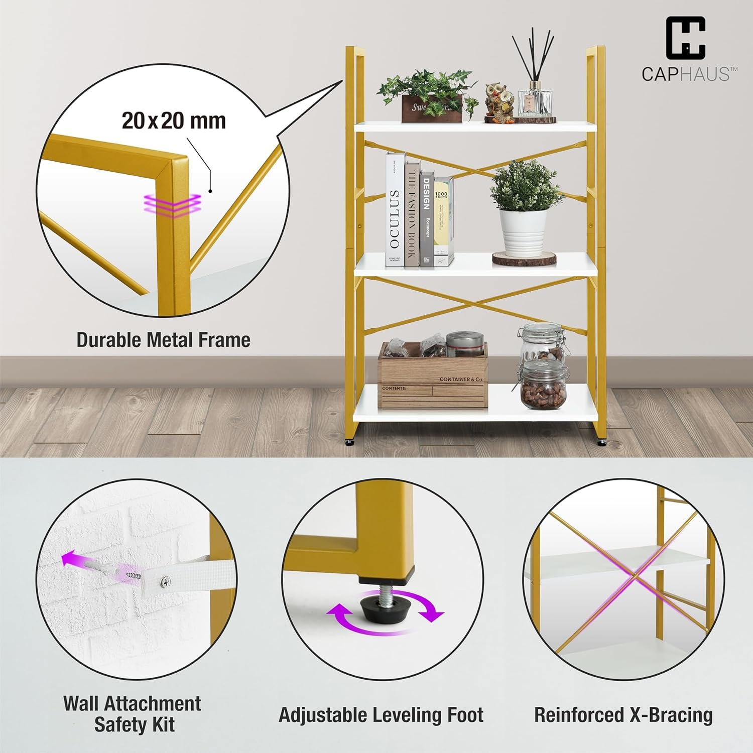 CAPHAUS 2 Tier Small Bookshelf, 24 Inch Width Free Standing Shelf, Bookcase Shelf Storage Organizer, Industrial Book Shelves, White Wooden Shelves &