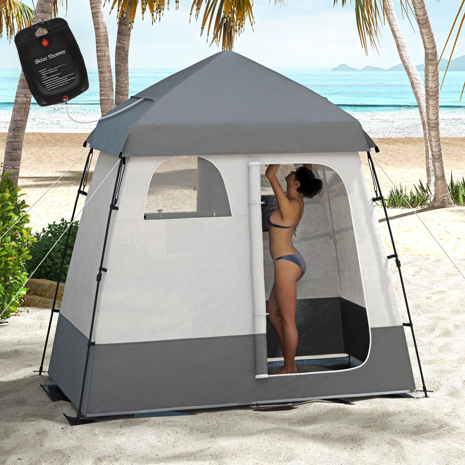 Outsunny Pop Up Shower Tent for Camping with 2 Rooms, Outdoor Portable Changing Tent Privacy Enclosure with Shower Bag, Hook, Floor and Carrying Bag,