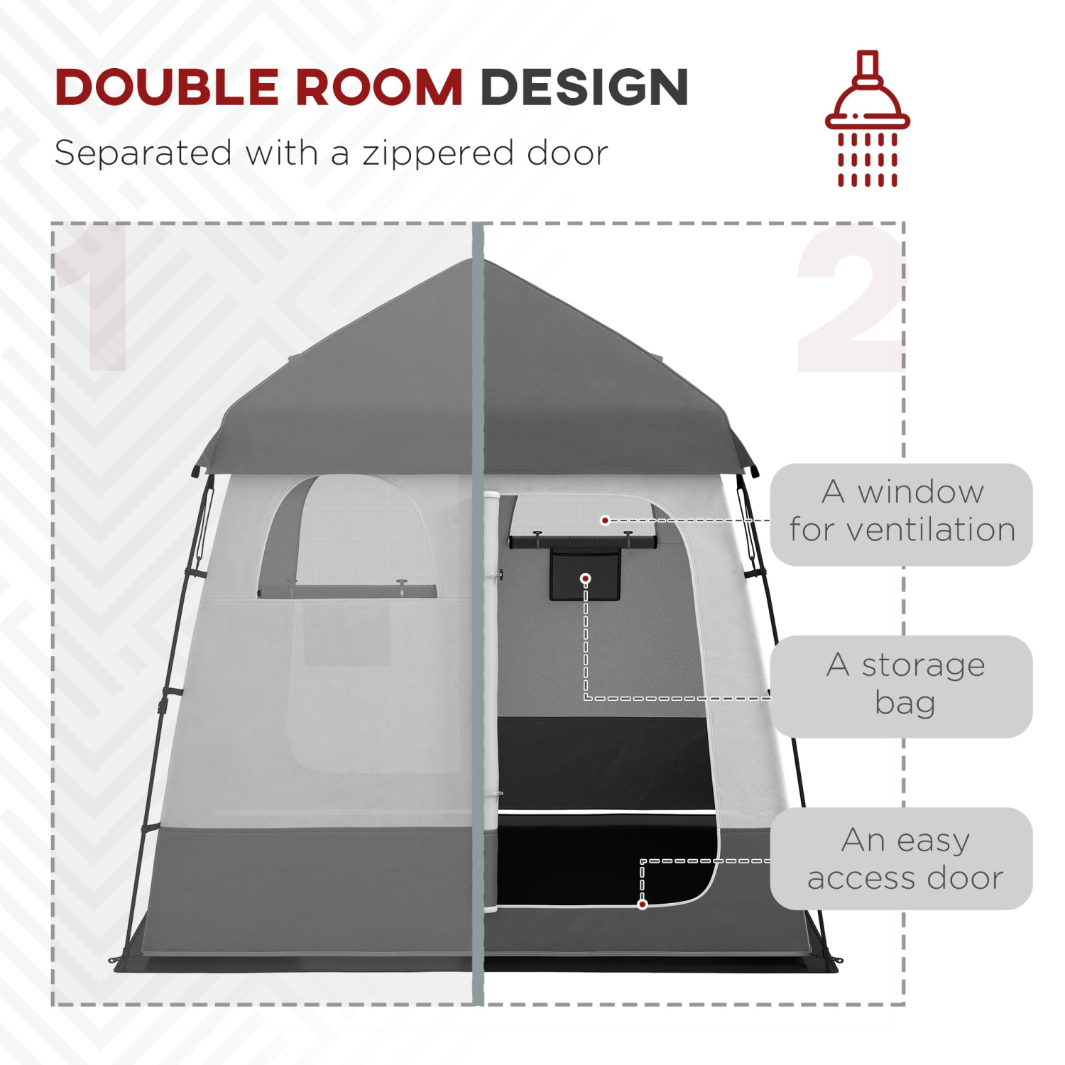 Outsunny Pop Up Shower Tent for Camping with 2 Rooms, Outdoor Portable Changing Tent Privacy Enclosure with Shower Bag, Hook, Floor and Carrying Bag,