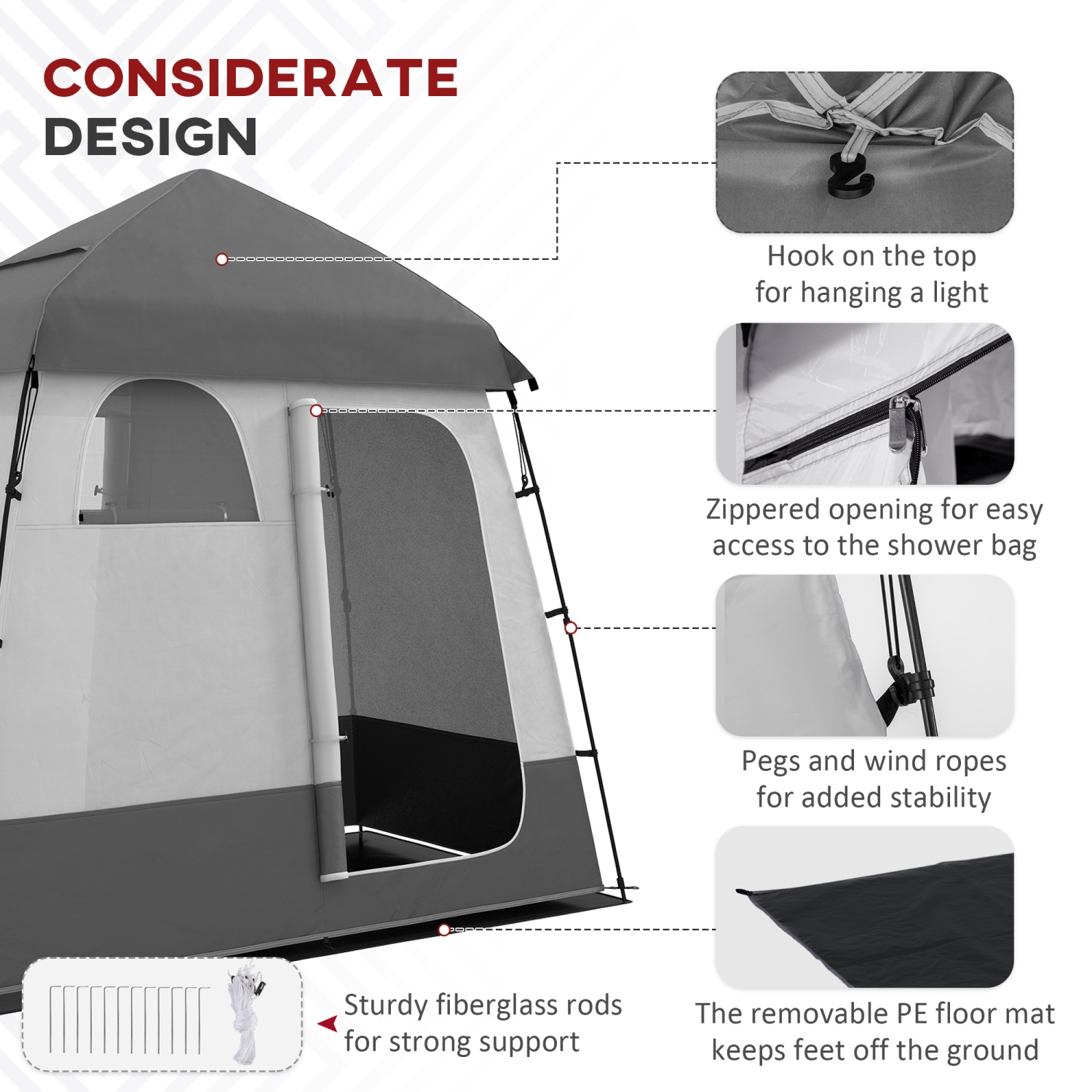 Outsunny Pop Up Shower Tent for Camping with 2 Rooms, Outdoor Portable Changing Tent Privacy Enclosure with Shower Bag, Hook, Floor and Carrying Bag,