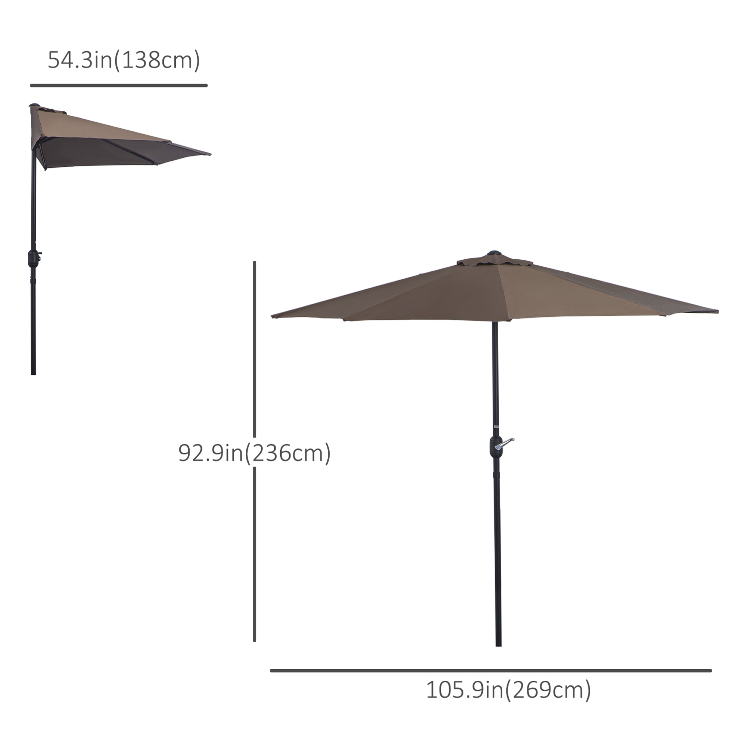 Outsunny 9&nbsp;pi – Parasol de patio en demi-lune, parasol/table de patio extérieur à mécanisme à manivelle, 5 tiges, café