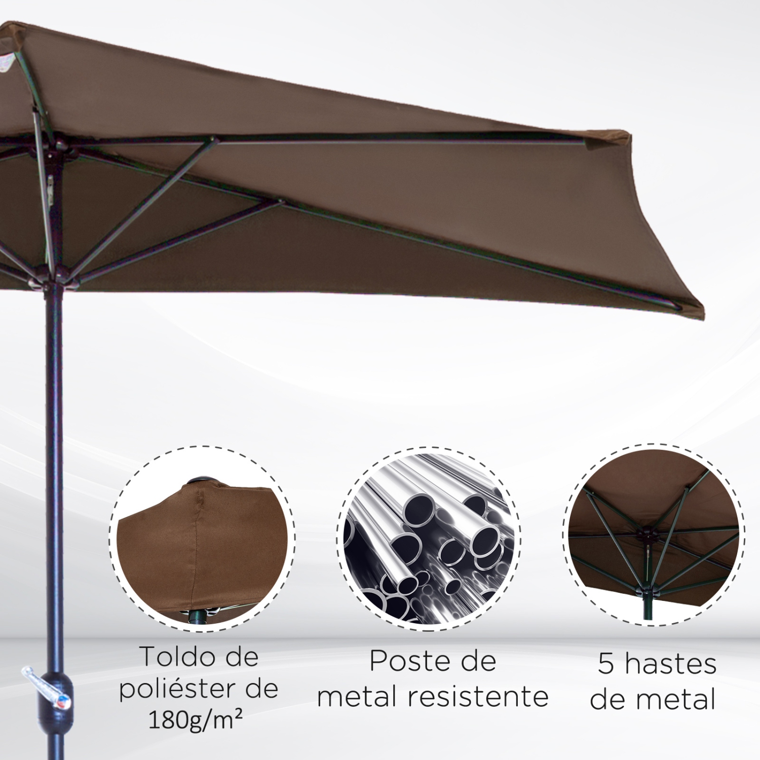 Outsunny 9&nbsp;pi – Parasol de patio en demi-lune, parasol/table de patio extérieur à mécanisme à manivelle, 5 tiges, café