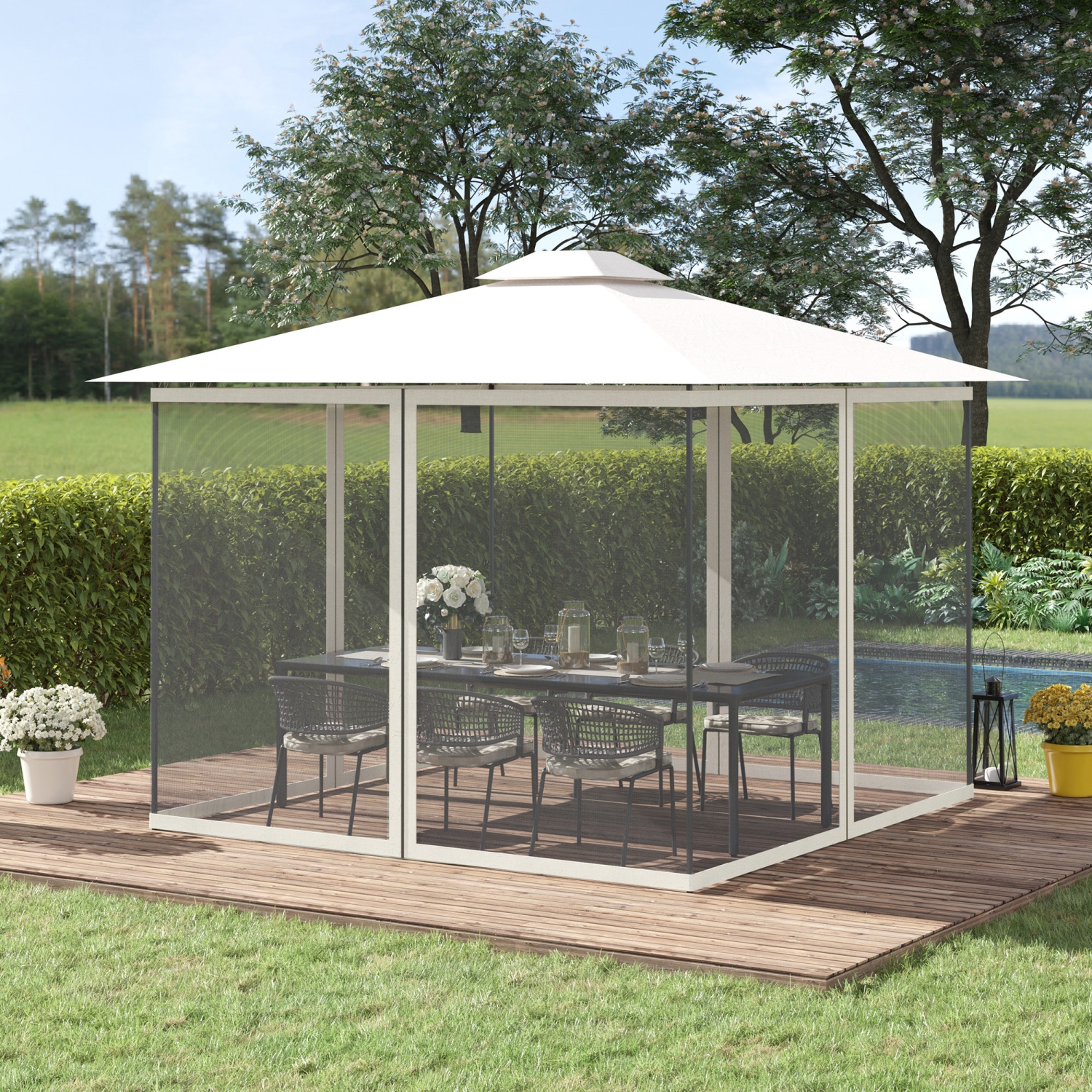 Moustiquaire de rechange Outsunny pour abri de jardin, 10 x 10 pi, parois noires pour auvent avec fermetures à glissière, blanc