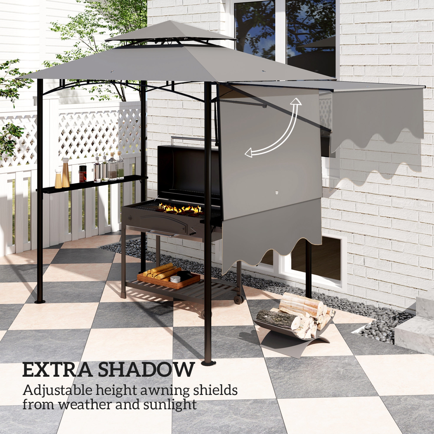 Outsunny 8' x 5' Grill Gazebo, Double Tiered Outdoor BBQ Gazebo with Side Awning, 2 Side Shelves and 6 Hooks, Barbecue Grill Gazebo Shelter for