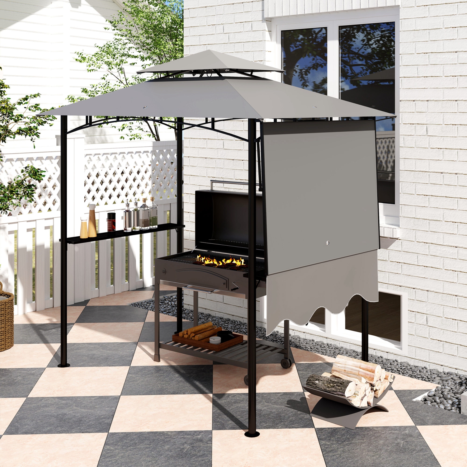 Outsunny 8' x 5' Grill Gazebo, Double Tiered Outdoor BBQ Gazebo with Side Awning, 2 Side Shelves and 6 Hooks, Barbecue Grill Gazebo Shelter for