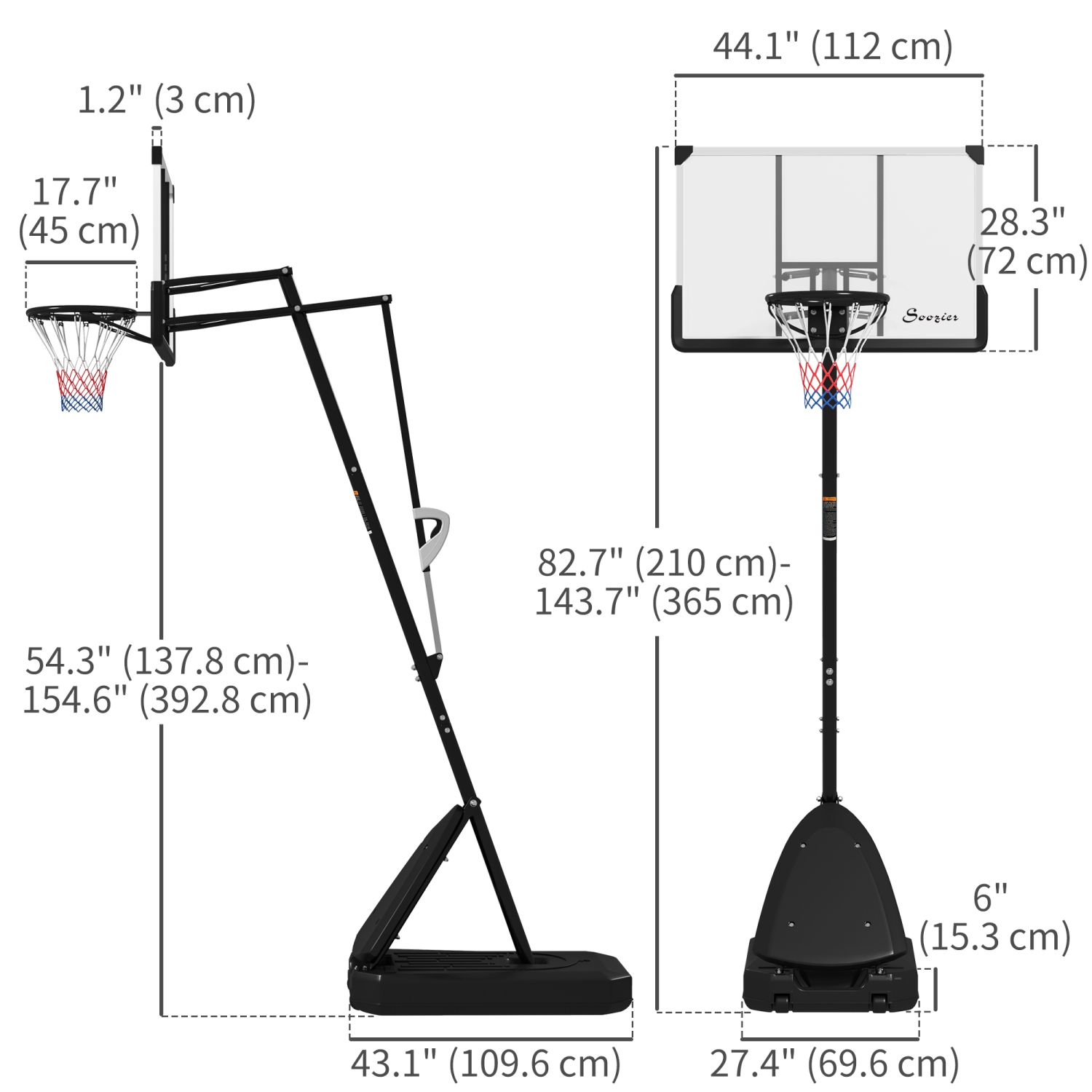 Soozier Portable Basketball Hoop Outdoor, 4.9-10ft Adjustable Basketball Goal with 44" Shatterproof Backboard, Rebound System, Wheels and Fillable