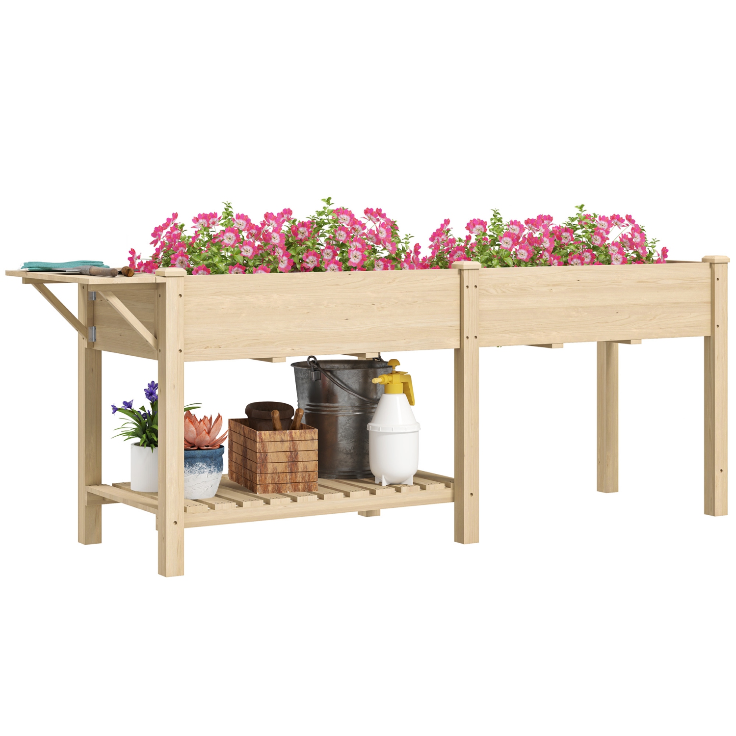 Outsunny Raised Garden Bed, Elevated Wood Planter Box w/ Foldable Side Table and Bottom Shelf, Raised Planter w/ Bed Liners, Drainage Holes, 81.5 x