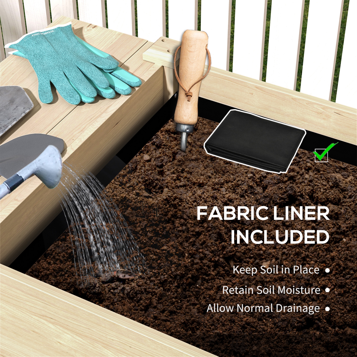 Outsunny Raised Garden Bed, Elevated Wood Planter Box w/ Foldable Side Table and Bottom Shelf, Raised Planter w/ Bed Liners, Drainage Holes, 81.5 x