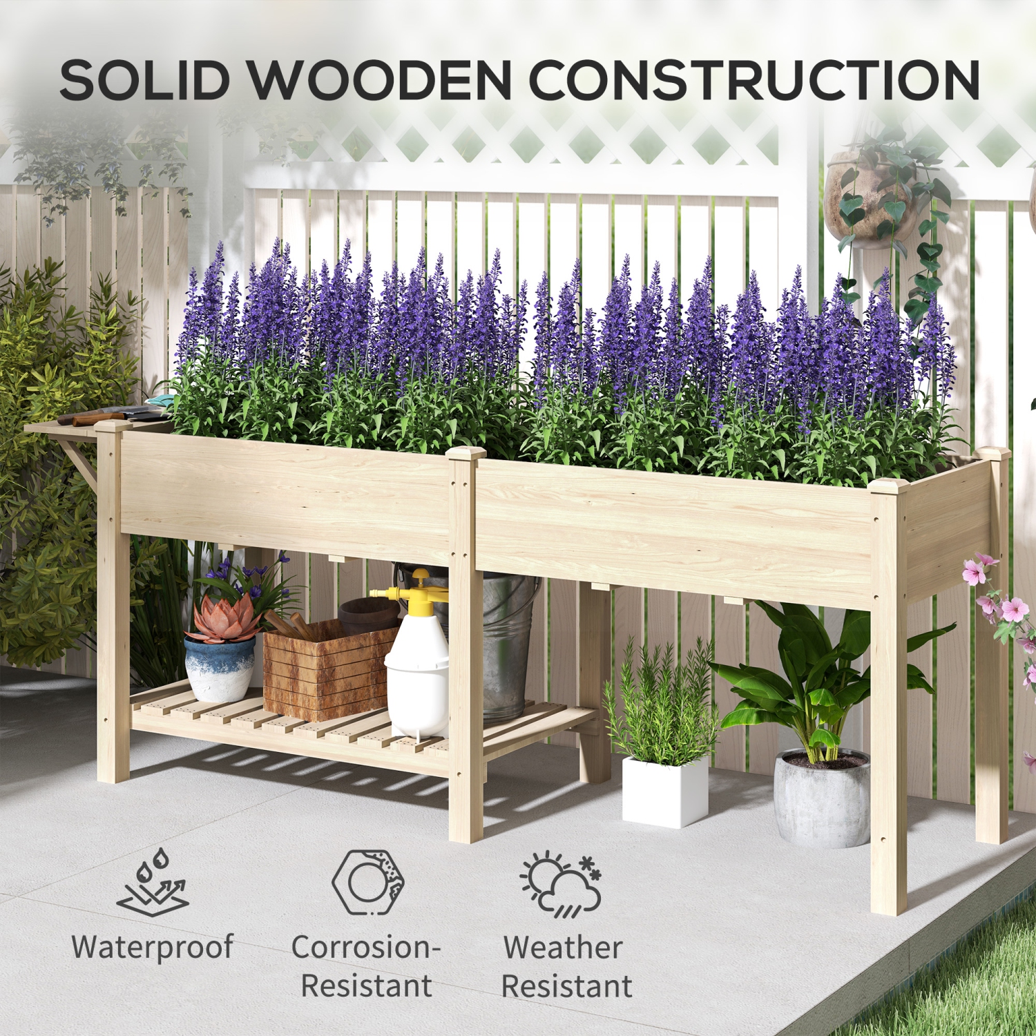 Outsunny Raised Garden Bed, Elevated Wood Planter Box w/ Foldable Side Table and Bottom Shelf, Raised Planter w/ Bed Liners, Drainage Holes, 81.5 x