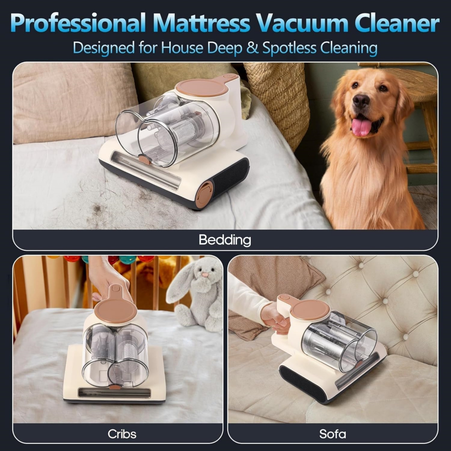 Mattress Vacuum Cleaner, Couch Vacuum with 16Kpa Suction & 40000rpm Brush Roll & Heating Tech, 4 in 1 Handheld Vacuums for Dust and Pet Hair Removal,