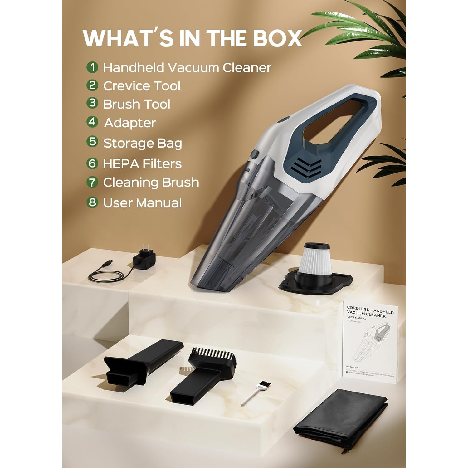 Cordless Handheld Vacuum Cleaner, 9000PA Powerful Suction Rechargeable Hand Vacuum, HEPA Filter with Quick Charge Tech, for Home Car Carpet Stairs