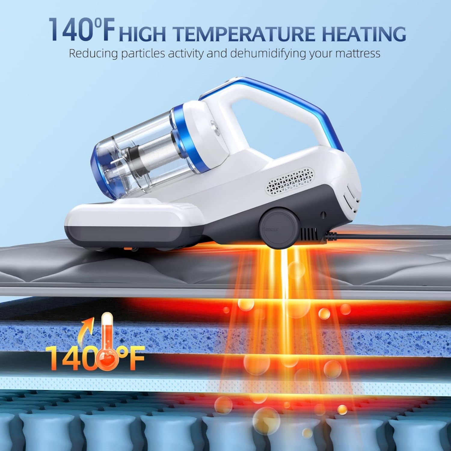 Mattress Vacuum Cleaner with 16Kpa Suction 253.7nm UV-C Light, 30000 RPM/Min Dual Brushroll Rotation & HEPA Filter & Ultrasonic & Heating Tech, 10''