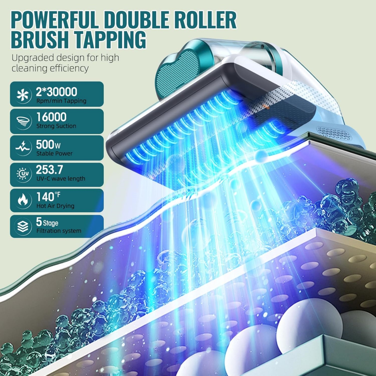 Mattress Vacuum Cleaner with 16Kpa Suction 253.7nm UV-C Light, 30000 RPM/Min Dual Brushroll Rotation & HEPA Filter & Ultrasonic & Heating Tech, 10''