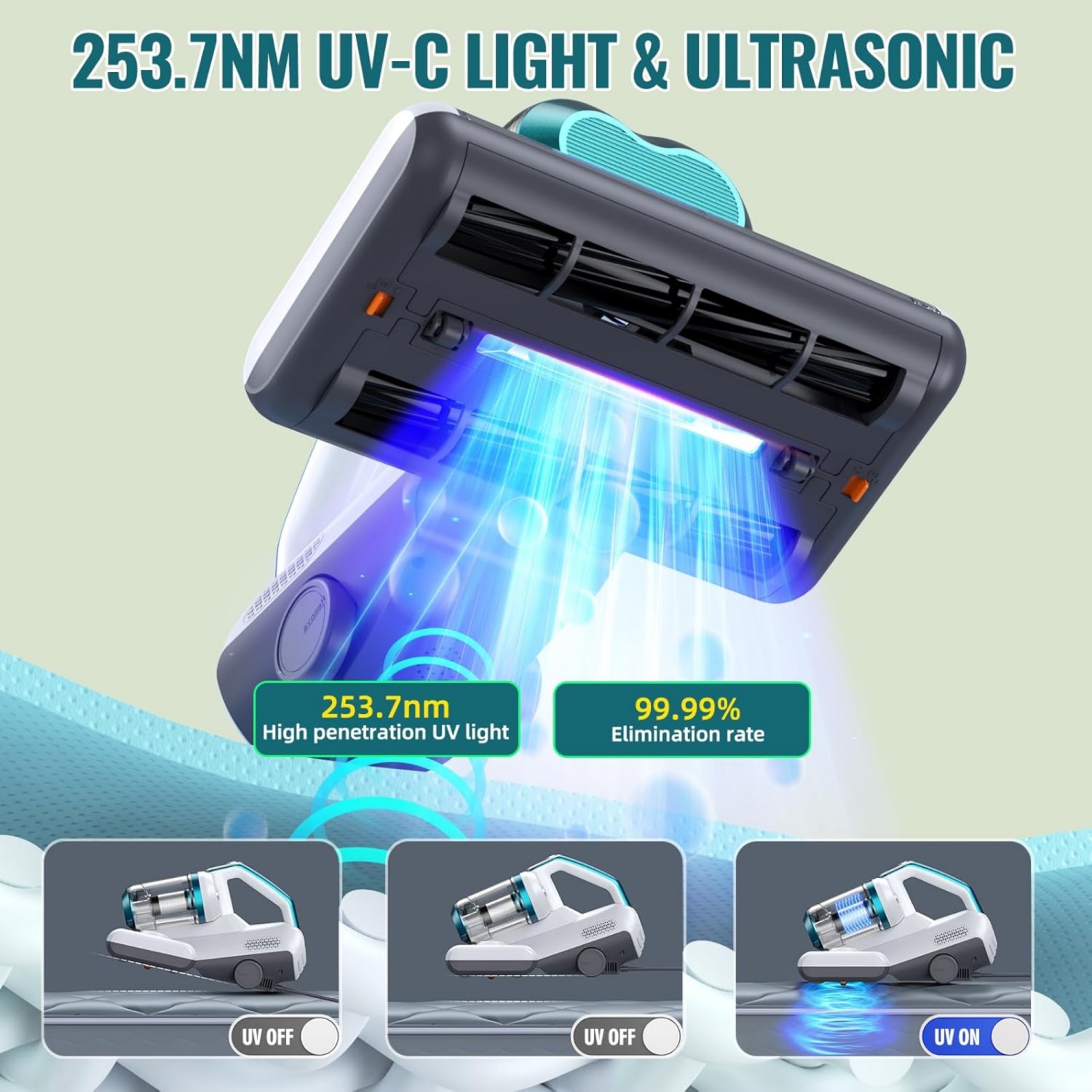 Mattress Vacuum Cleaner with 16Kpa Suction 253.7nm UV-C Light, 30000 RPM/Min Dual Brushroll Rotation & HEPA Filter & Ultrasonic & Heating Tech, 10''