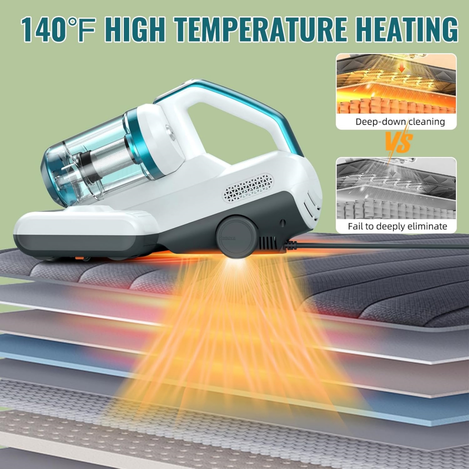 Mattress Vacuum Cleaner with 16Kpa Suction 253.7nm UV-C Light, 30000 RPM/Min Dual Brushroll Rotation & HEPA Filter & Ultrasonic & Heating Tech, 10''