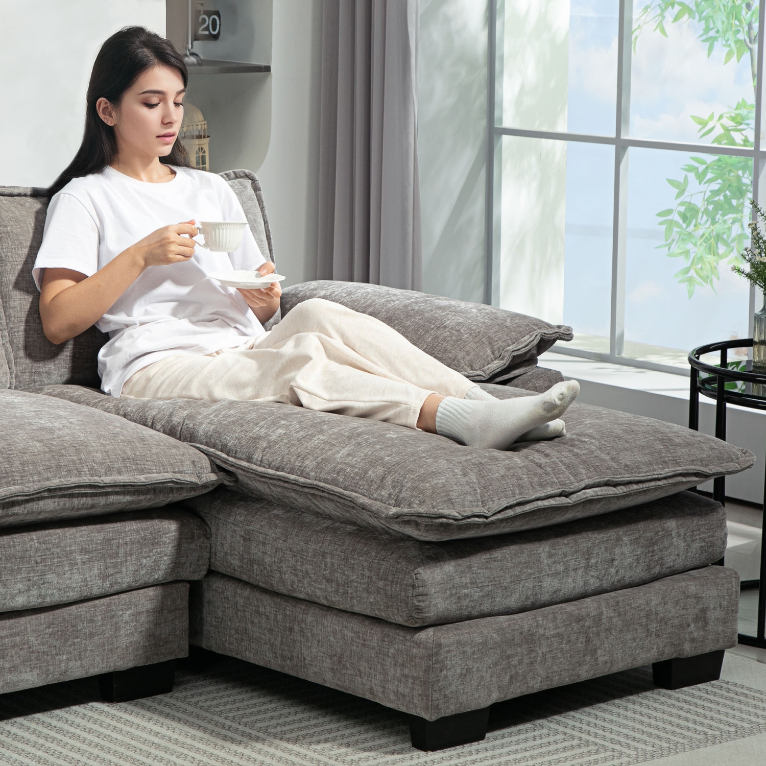 Canapé avec chaise longue de HOMCOM, canapé en chenille en L avec coussins de dossier et coussin de siège double couche pour salon, chambre à