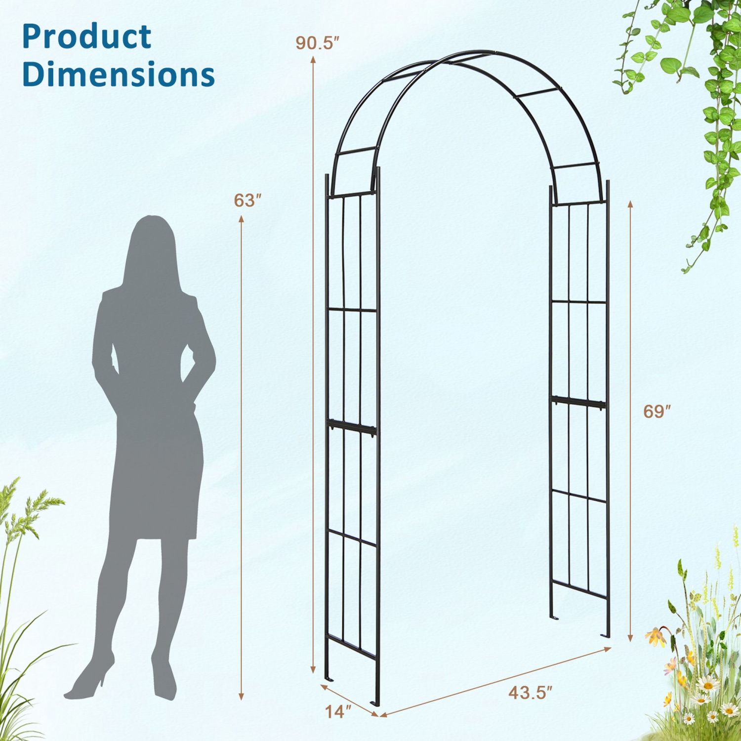 Costway Garden Arch Arbor Trellis Pergola 7.5 ft Metal Archway for Climbing Plants Party