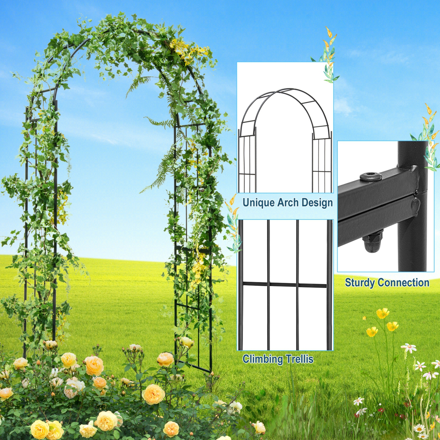 Costway Garden Arch Arbor Trellis Pergola 7.5 ft Metal Archway for Climbing Plants Party