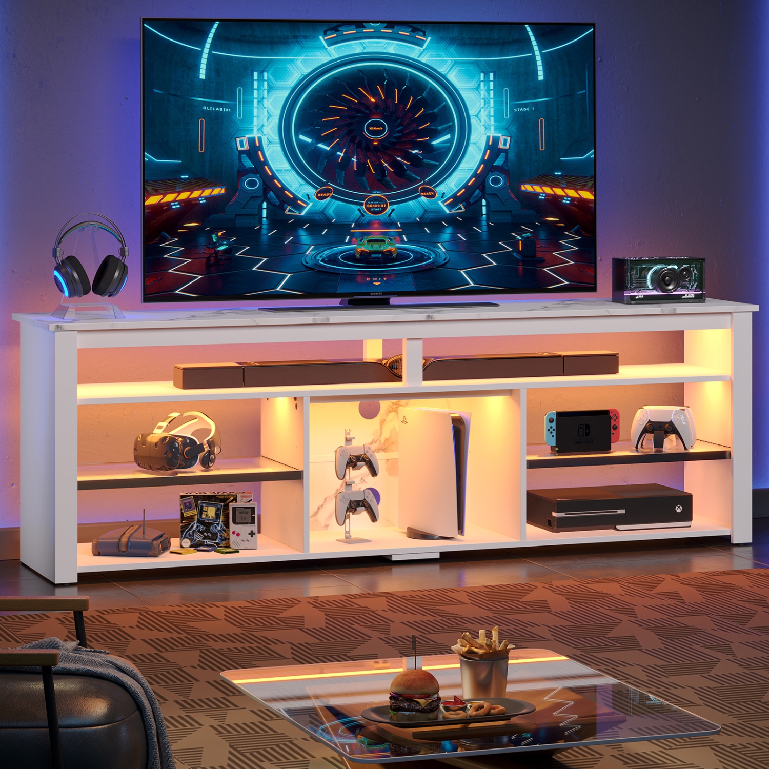 Bestier 70" Gaming TV Console for TVs up to 75 inch, LED Media Console with Storage and Adjustable Storage Shelves