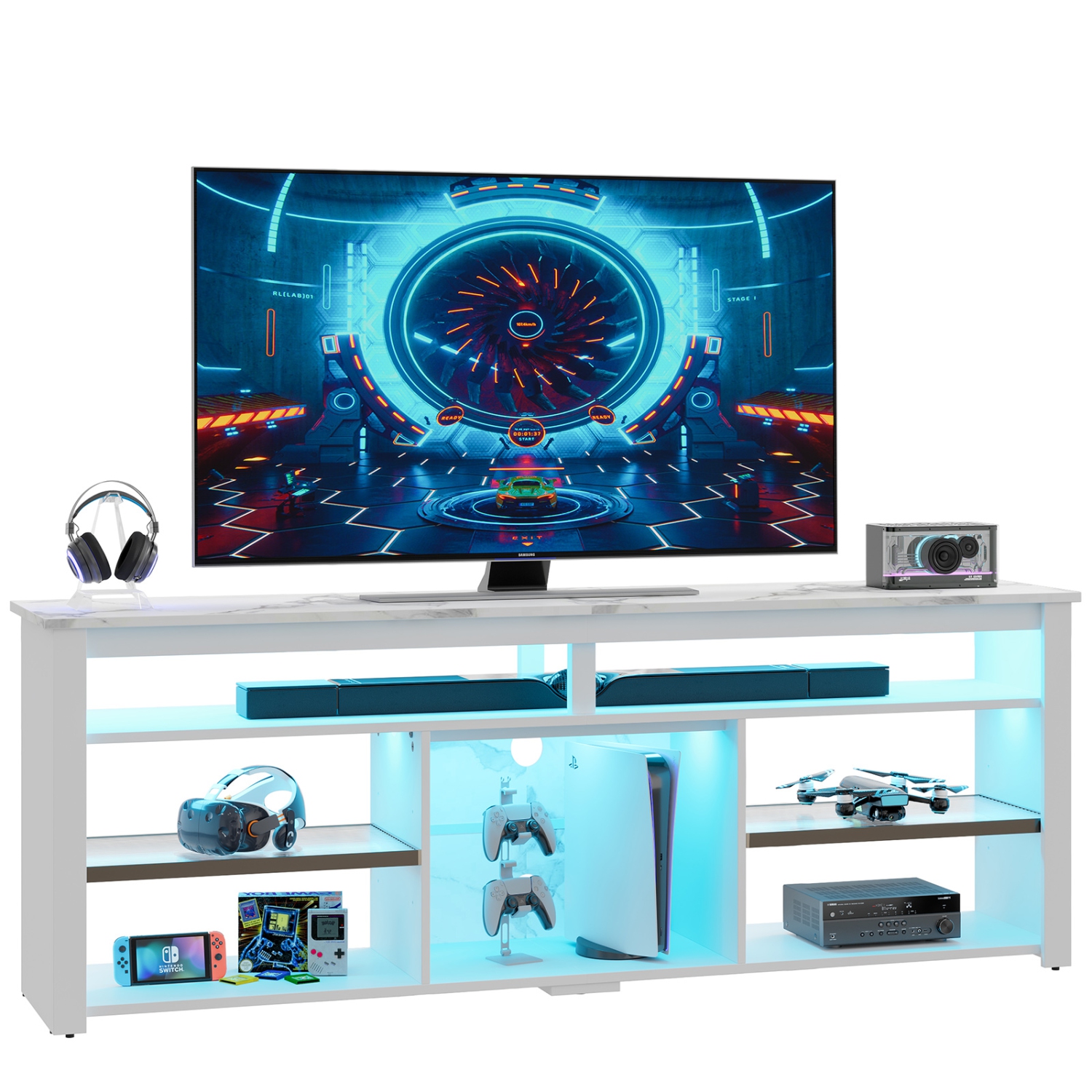 Bestier 70" Gaming TV Console for TVs up to 75 inch, LED Media Console with Storage and Adjustable Storage Shelves