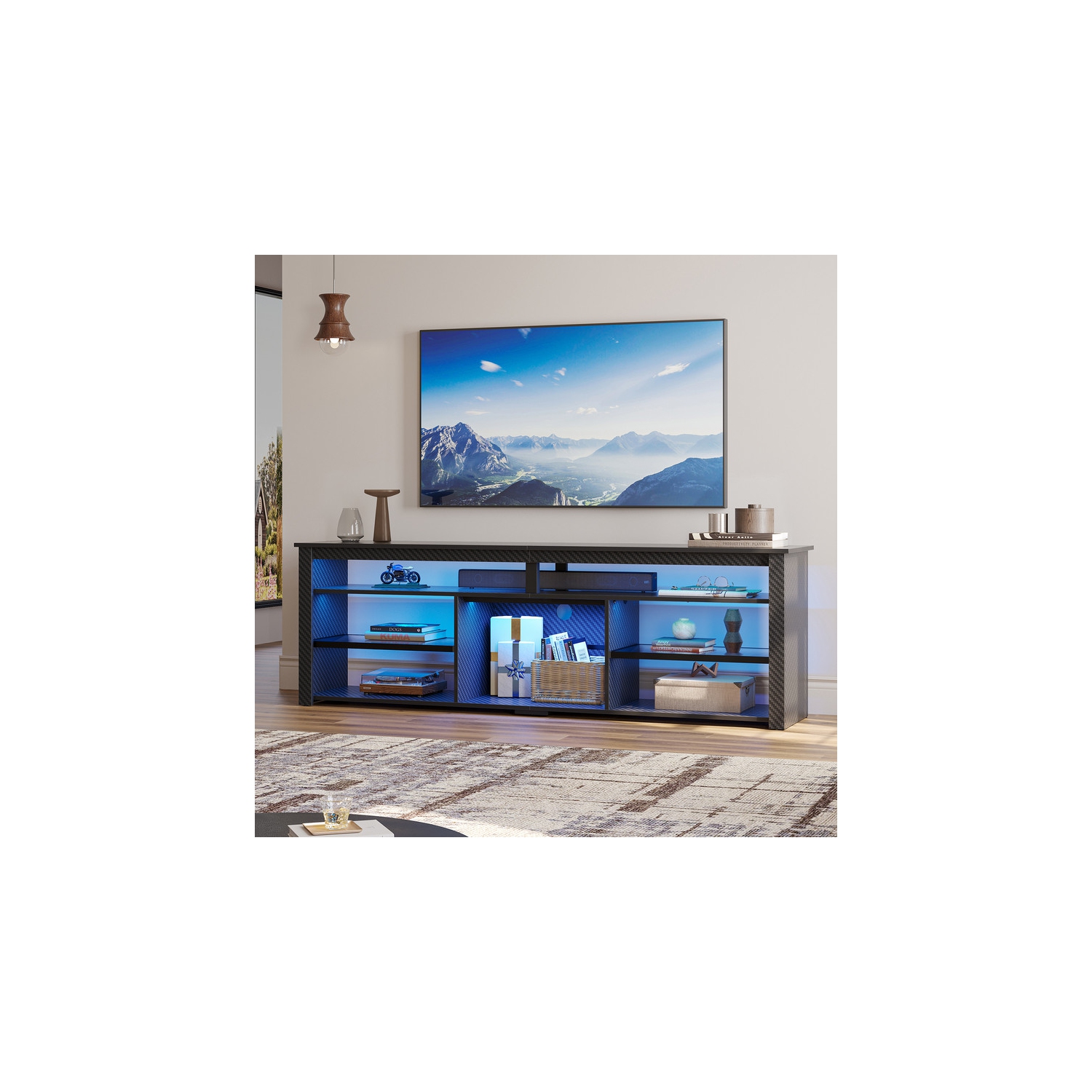 Bestier 70" Gaming TV Console for TVs up to 75 inch, LED Media Console with Storage and Adjustable Storage Shelves