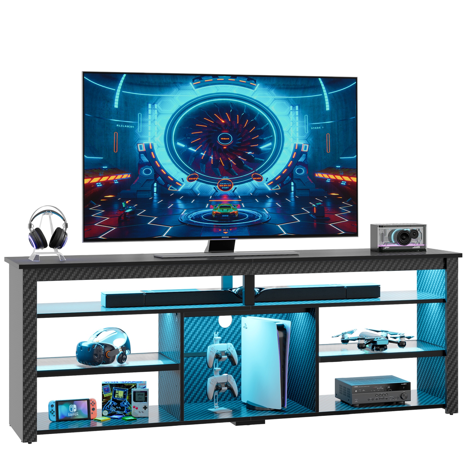 Bestier 70" Gaming TV Console for TVs up to 75 inch, LED Media Console with Storage and Adjustable Storage Shelves