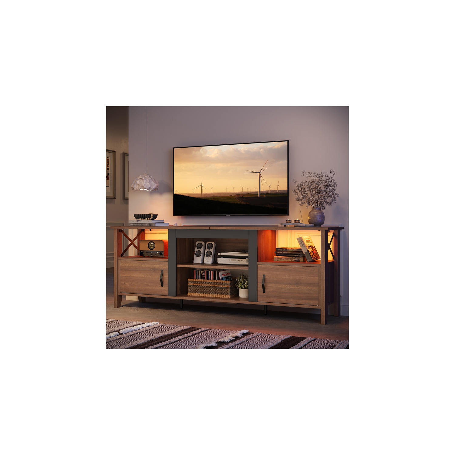 Bestier – Meuble pour téléviseur de 70&nbsp;po avec éclairage LED, meuble pour téléviseur de 63&nbsp;po avec rangement multimédia