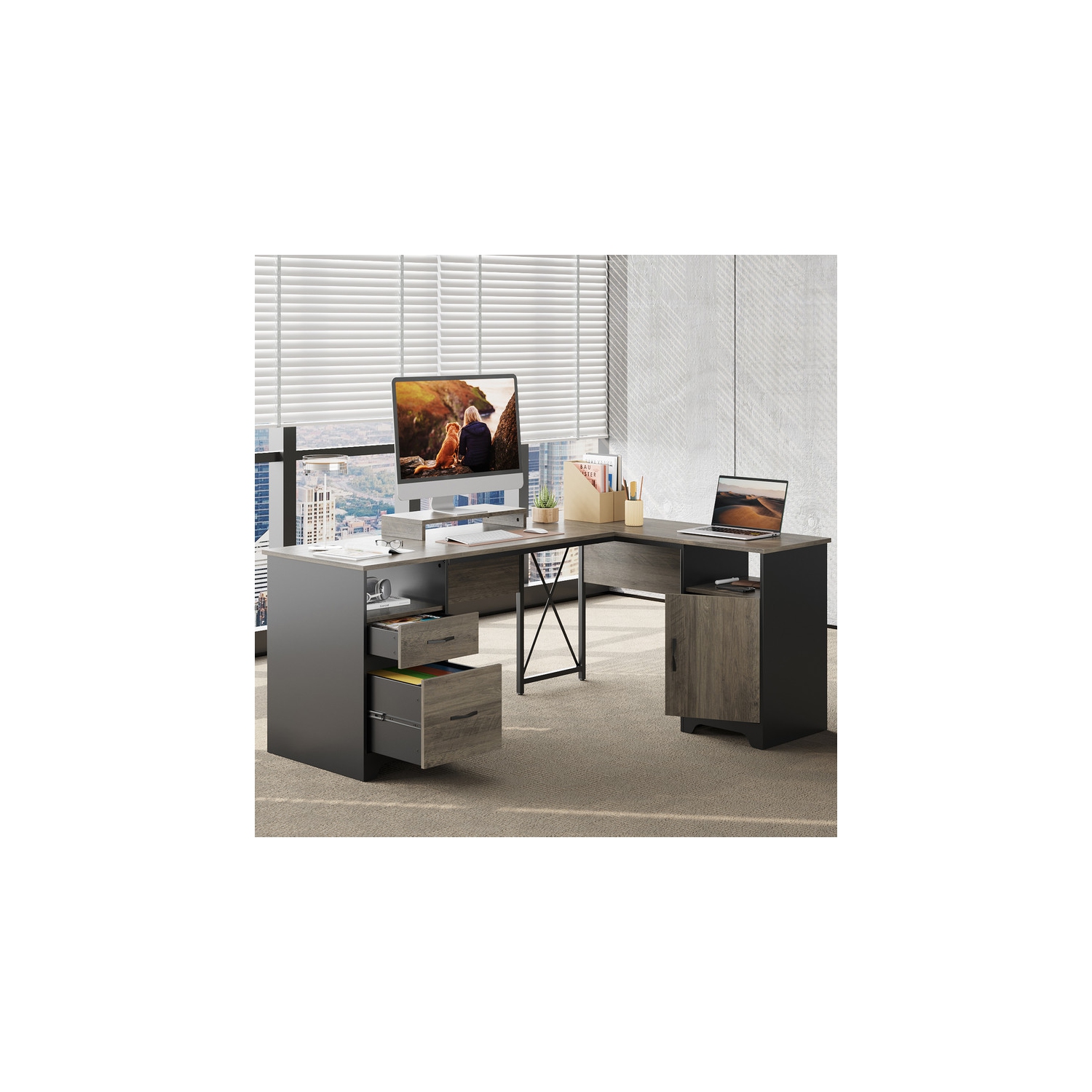 Bestier 63" L Shaped Home Office Desk with File&Storage Drawers and Cabinet, Executive Desk with Monitor Stand and Open Compartments