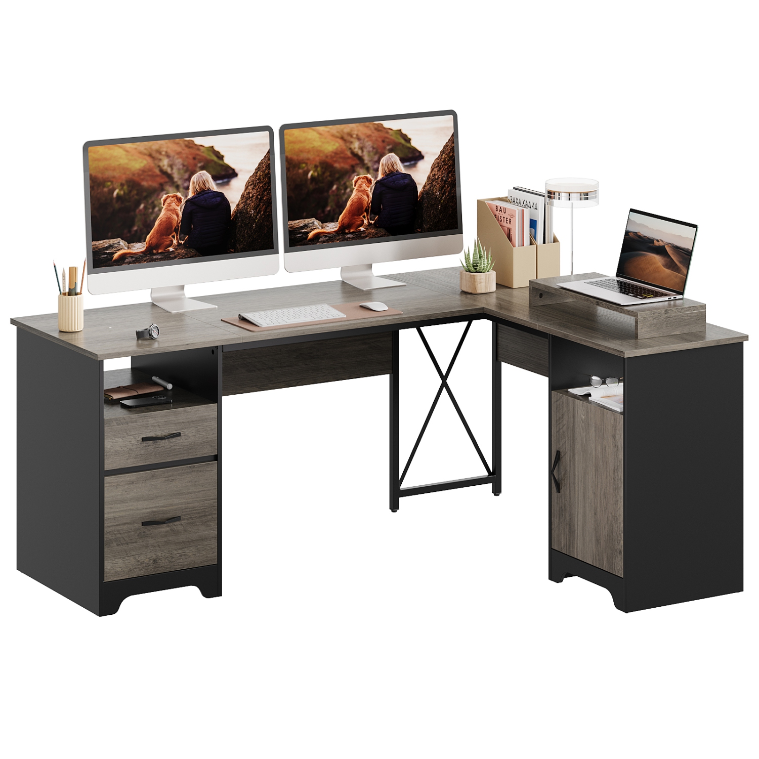 Bestier 63" L Shaped Home Office Desk with File&Storage Drawers and Cabinet, Executive Desk with Monitor Stand and Open Compartments
