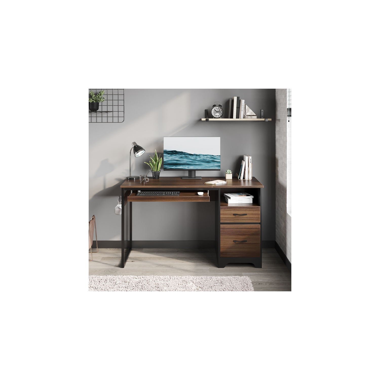 Bureau d'ordinateur de 48&nbsp;po de Bestier avec tiroirs de classement et de rangement, bureau avec plateau pour clavier, crochet pratique et