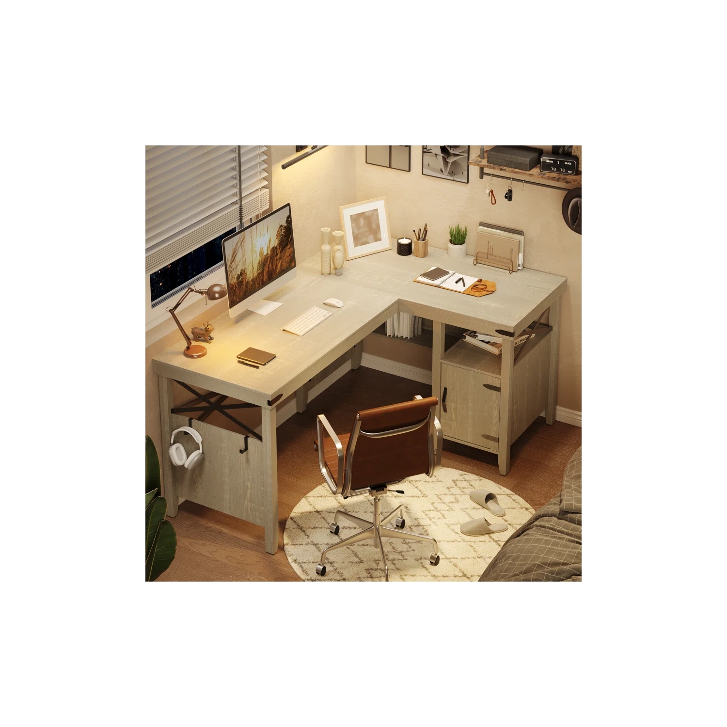 Bestier L-Shaped Home Office Computer Desk with Storage Cabinet, Farmhouse Office Table for Writing Study