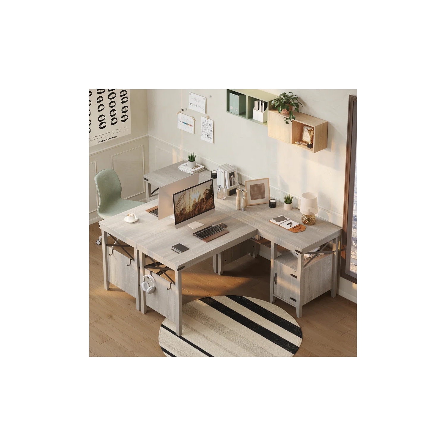 Bestier L-Shaped Home Office Computer Desk with Storage Cabinet, Farmhouse Office Table for Writing Study