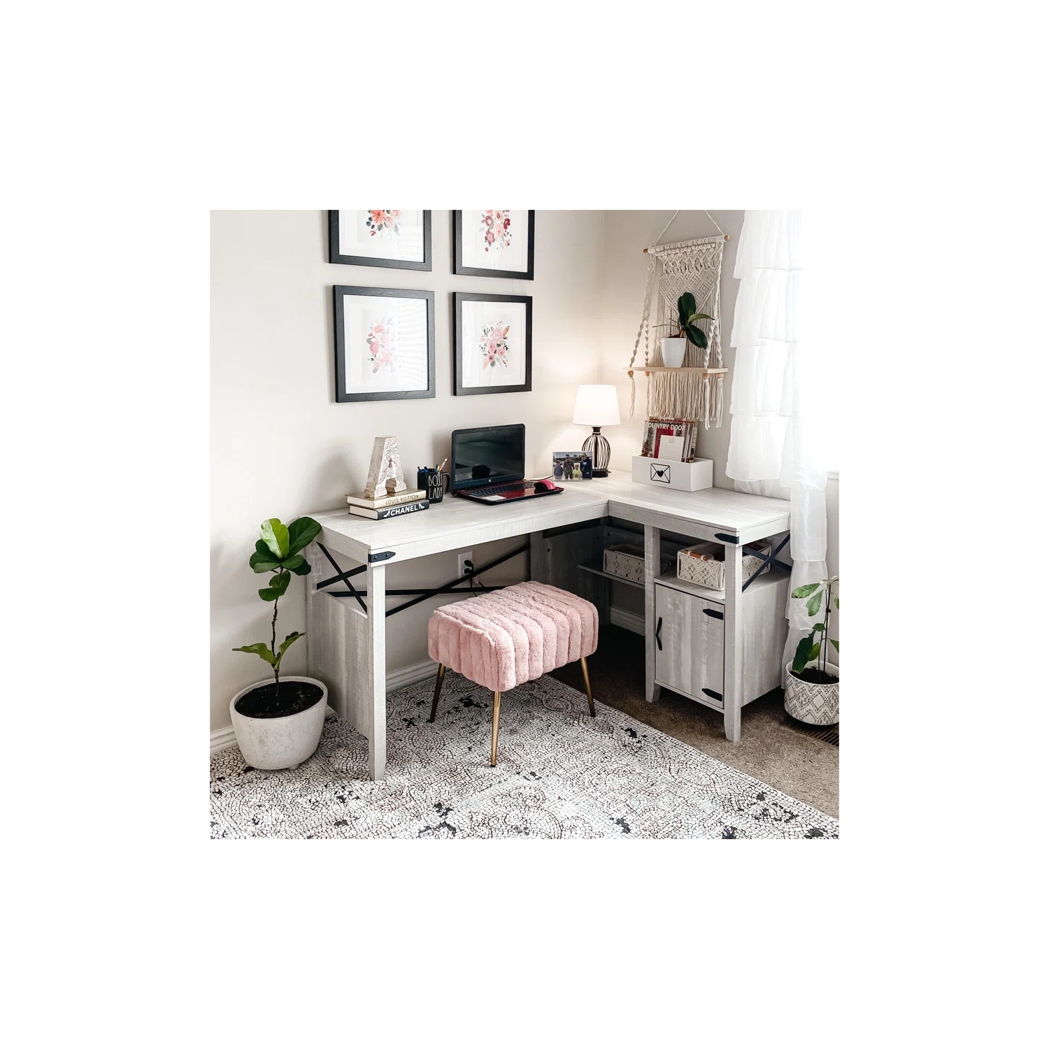 Bestier L-Shaped Home Office Computer Desk with Storage Cabinet, Farmhouse Office Table for Writing Study