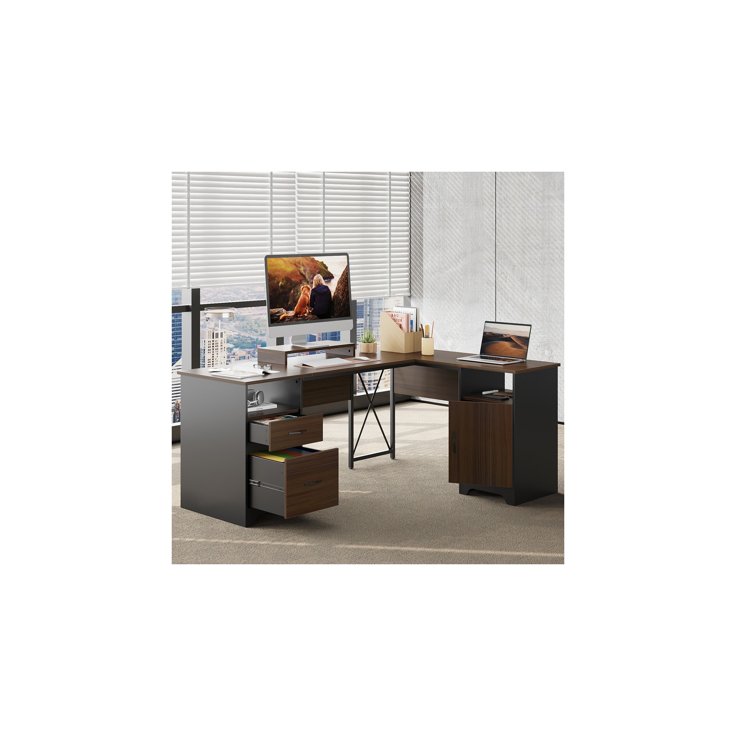 Bureau à domicile en L de 63&nbsp;po de Bestier avec tiroirs de classement et de rangement et armoire, bureau de direction avec support pour moniteur