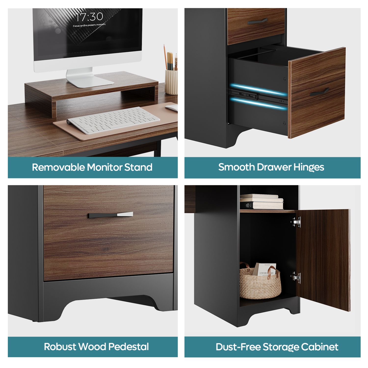 Bureau à domicile en L de 63&nbsp;po de Bestier avec tiroirs de classement et de rangement et armoire, bureau de direction avec support pour moniteur