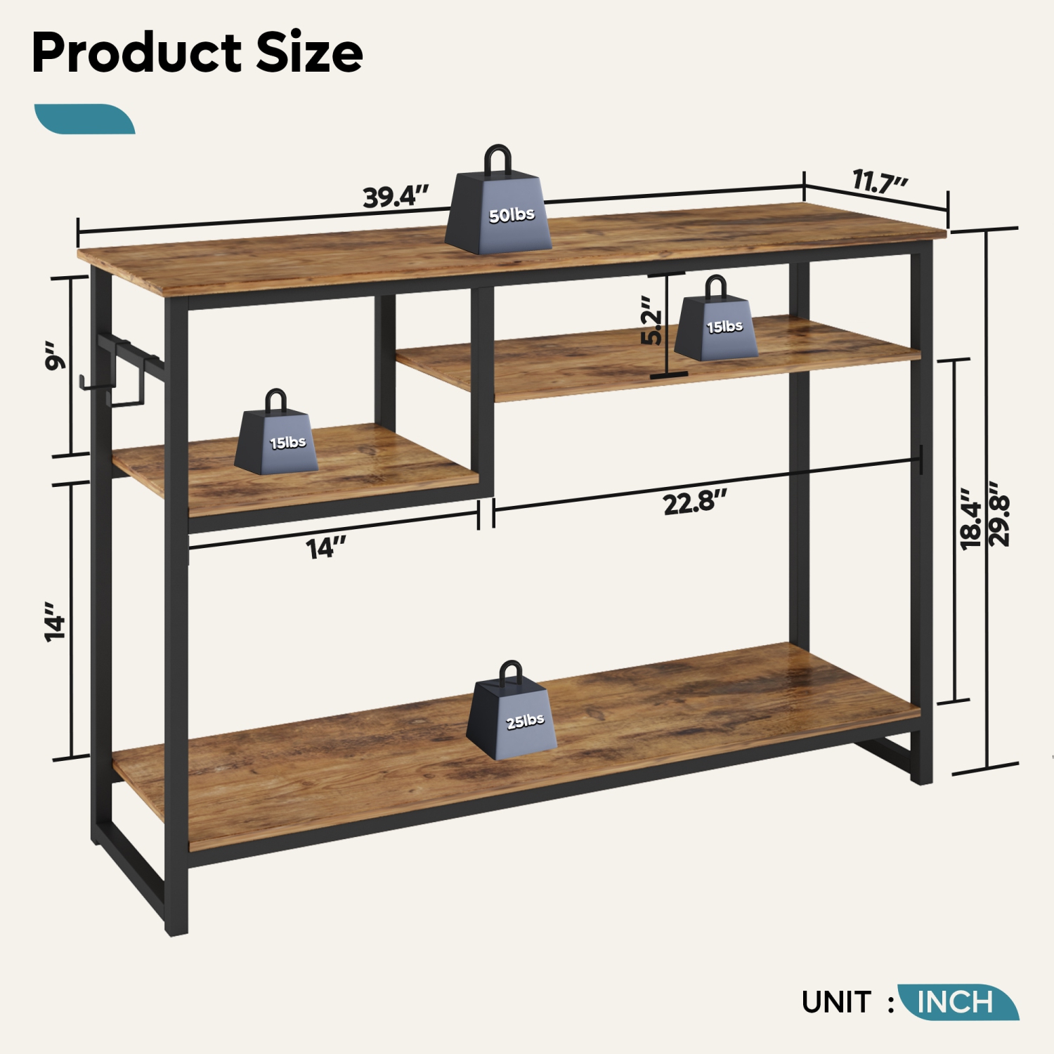 Bestier 39.4" Console Table for Entryway with 4 Tier Storage Shelves