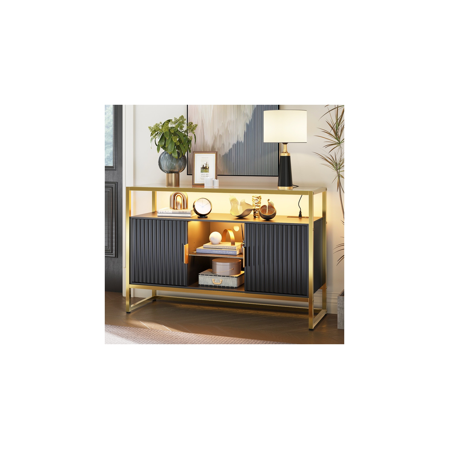 Bestier 45.67" W LED Console Table with Storage, Modern Fluted Glossy Cabinet Credenza, Adjustable Shelves, Entryway Table for Living Room