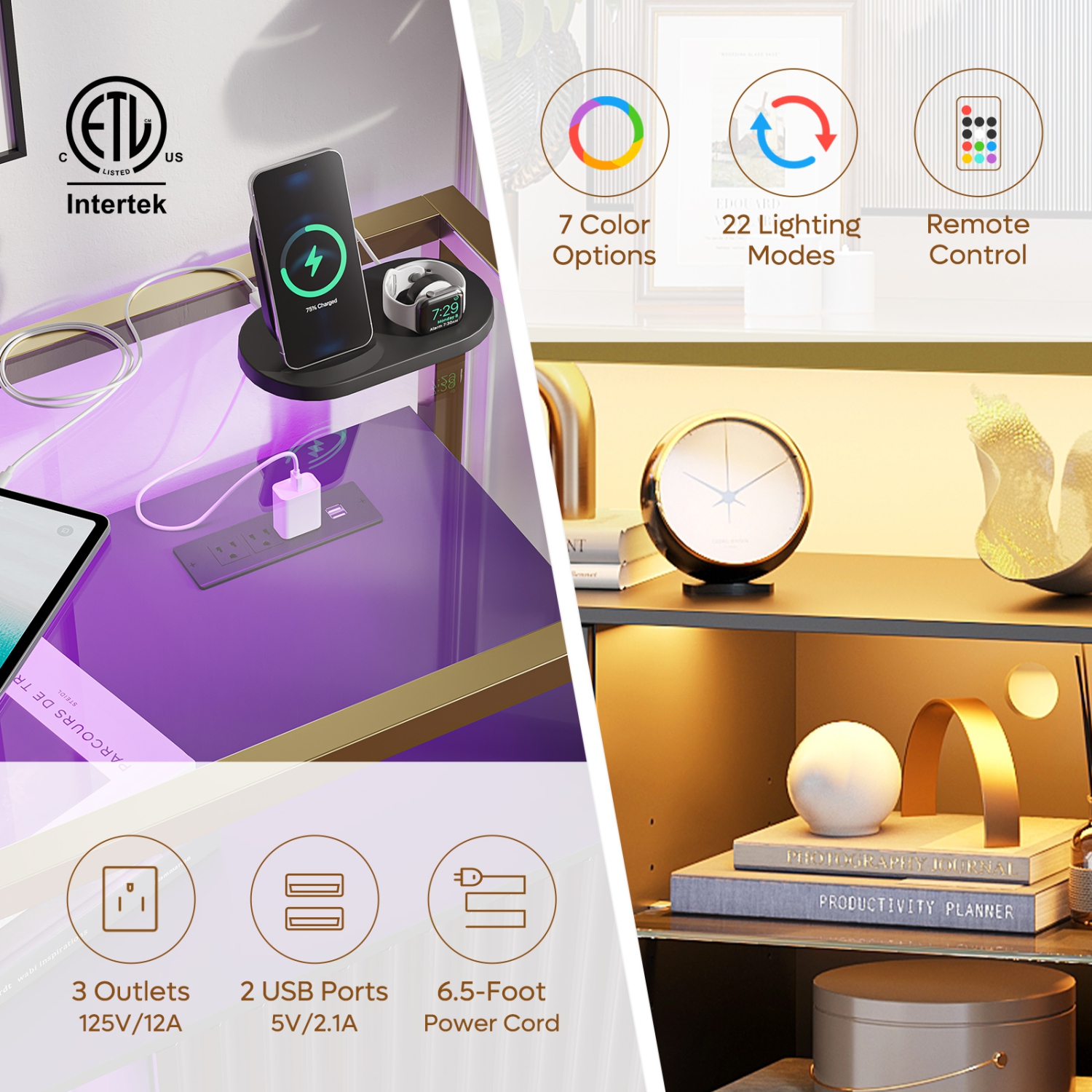 Bestier 45.67" W LED Console Table with Storage, Modern Fluted Glossy Cabinet Credenza, Adjustable Shelves, Entryway Table for Living Room