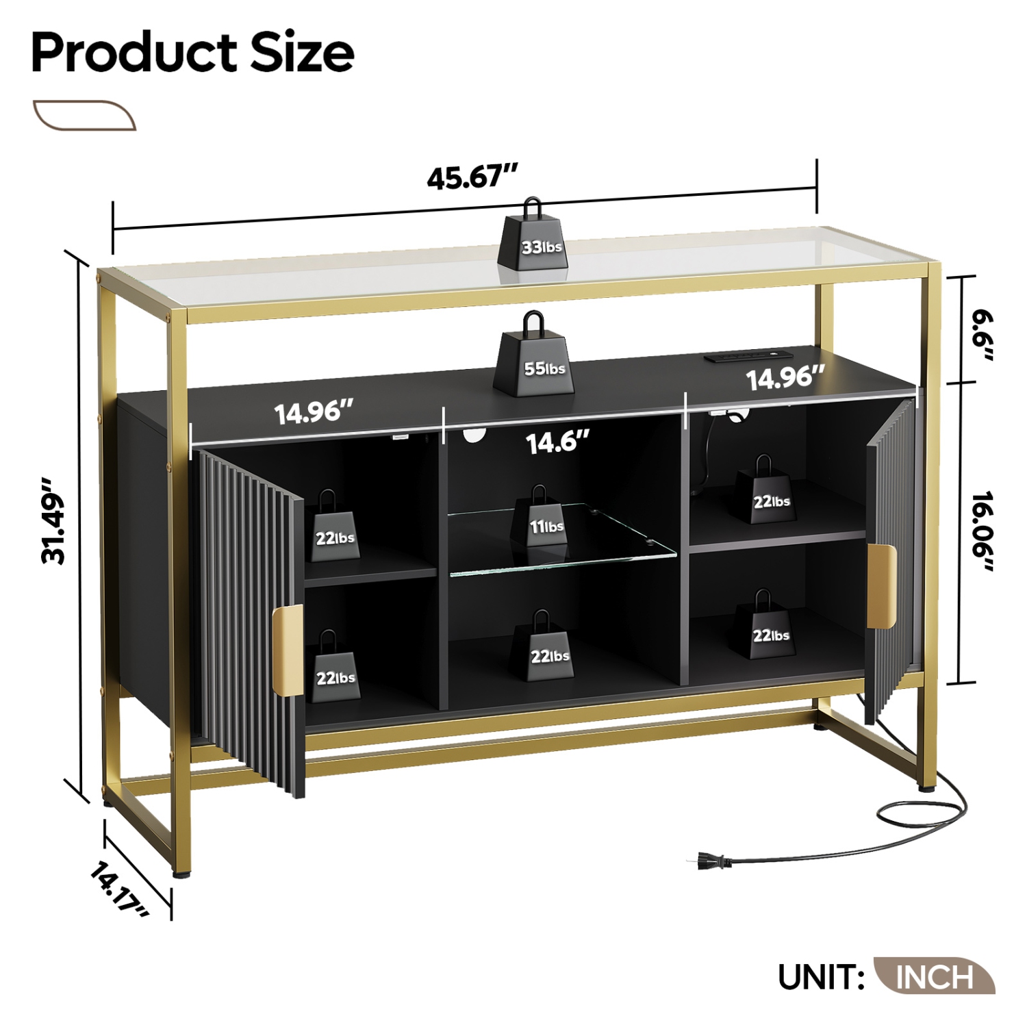Bestier 45.67" W LED Console Table with Storage, Modern Fluted Glossy Cabinet Credenza, Adjustable Shelves, Entryway Table for Living Room