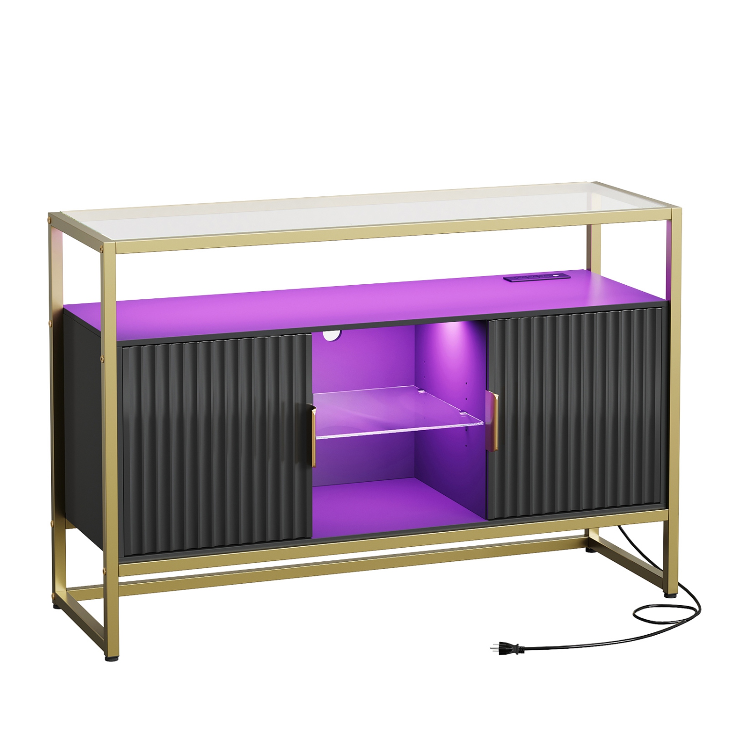 Bestier 45.67" W LED Console Table with Storage, Modern Fluted Glossy Cabinet Credenza, Adjustable Shelves, Entryway Table for Living Room