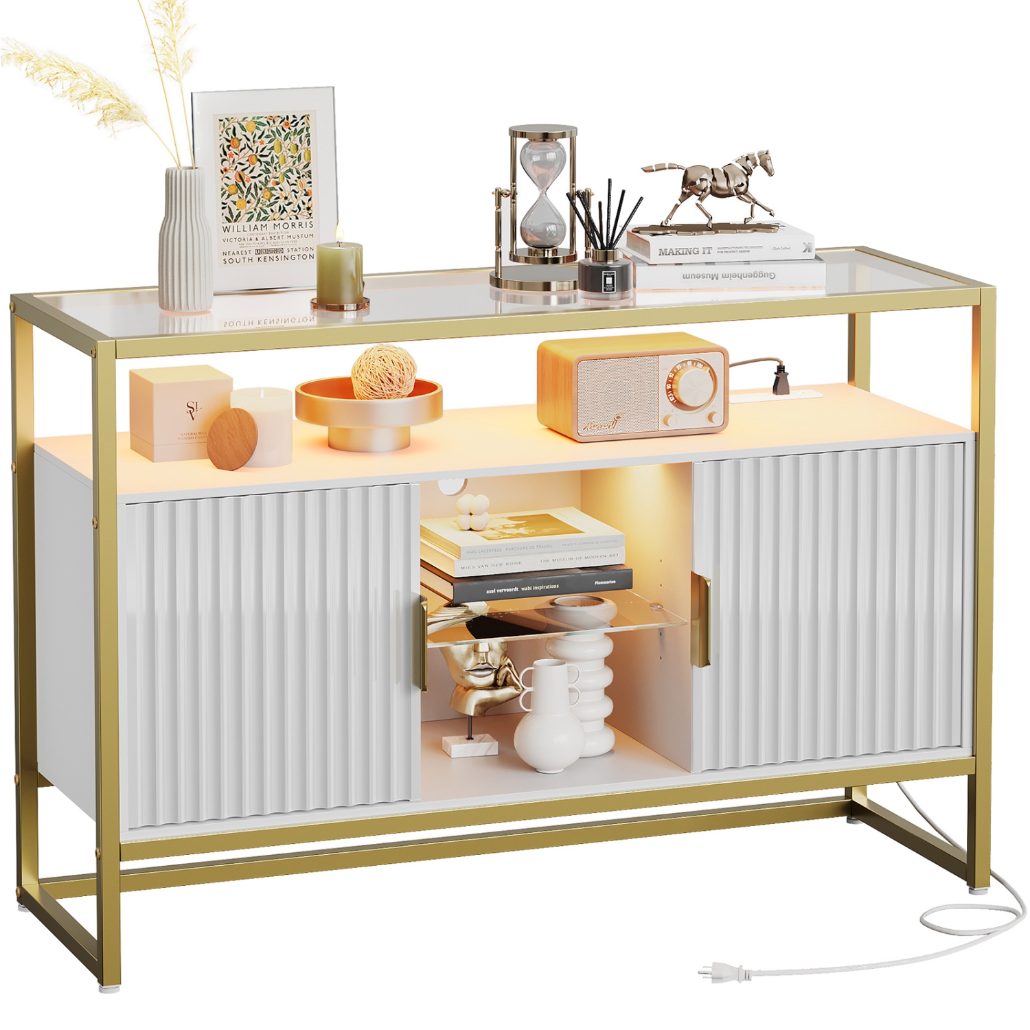 Bestier 45.67" W LED Console Table with Storage, Modern Fluted Glossy Cabinet Credenza, Adjustable Shelves, Entryway Table for Living Room