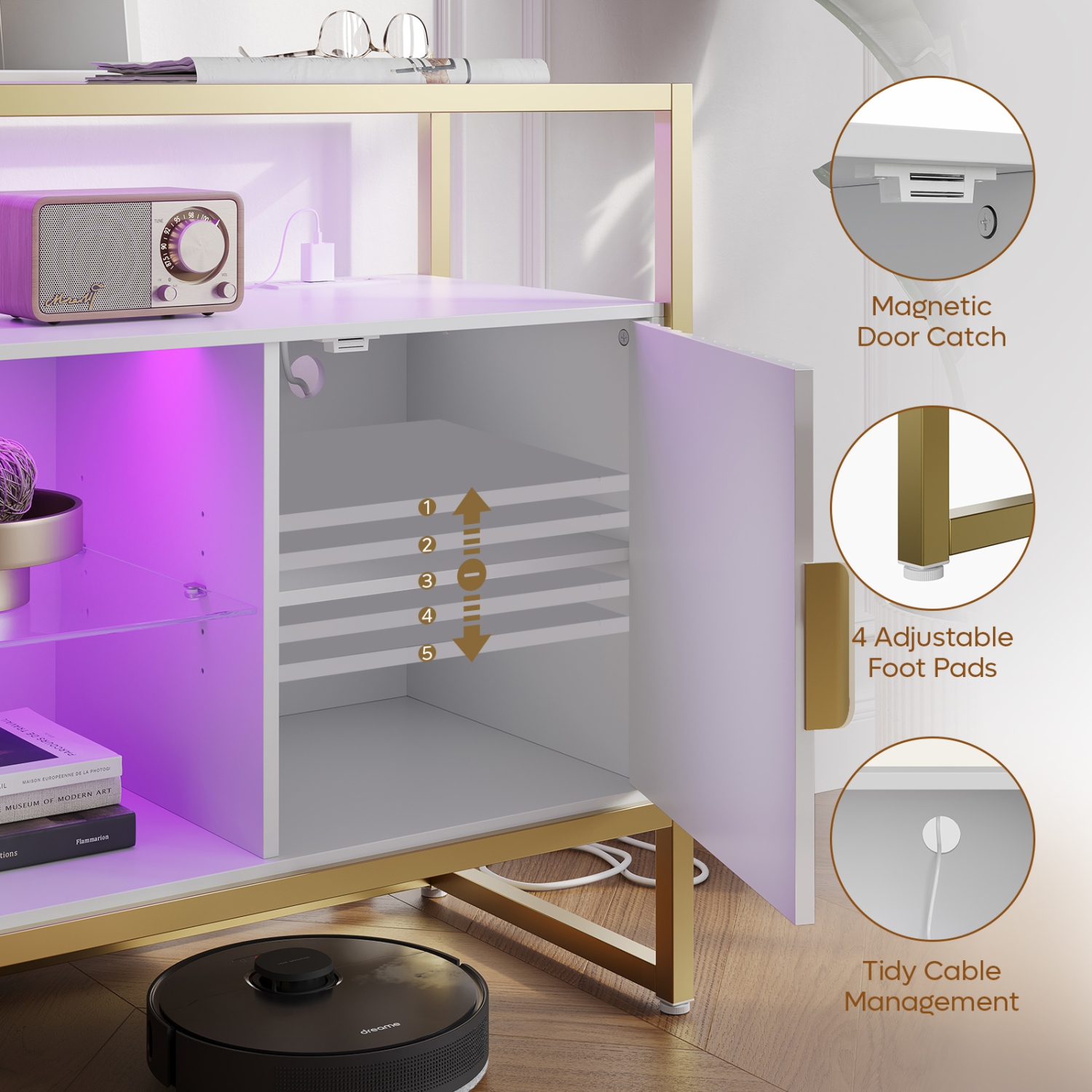 Bestier 45.67" W LED Console Table with Storage, Modern Fluted Glossy Cabinet Credenza, Adjustable Shelves, Entryway Table for Living Room