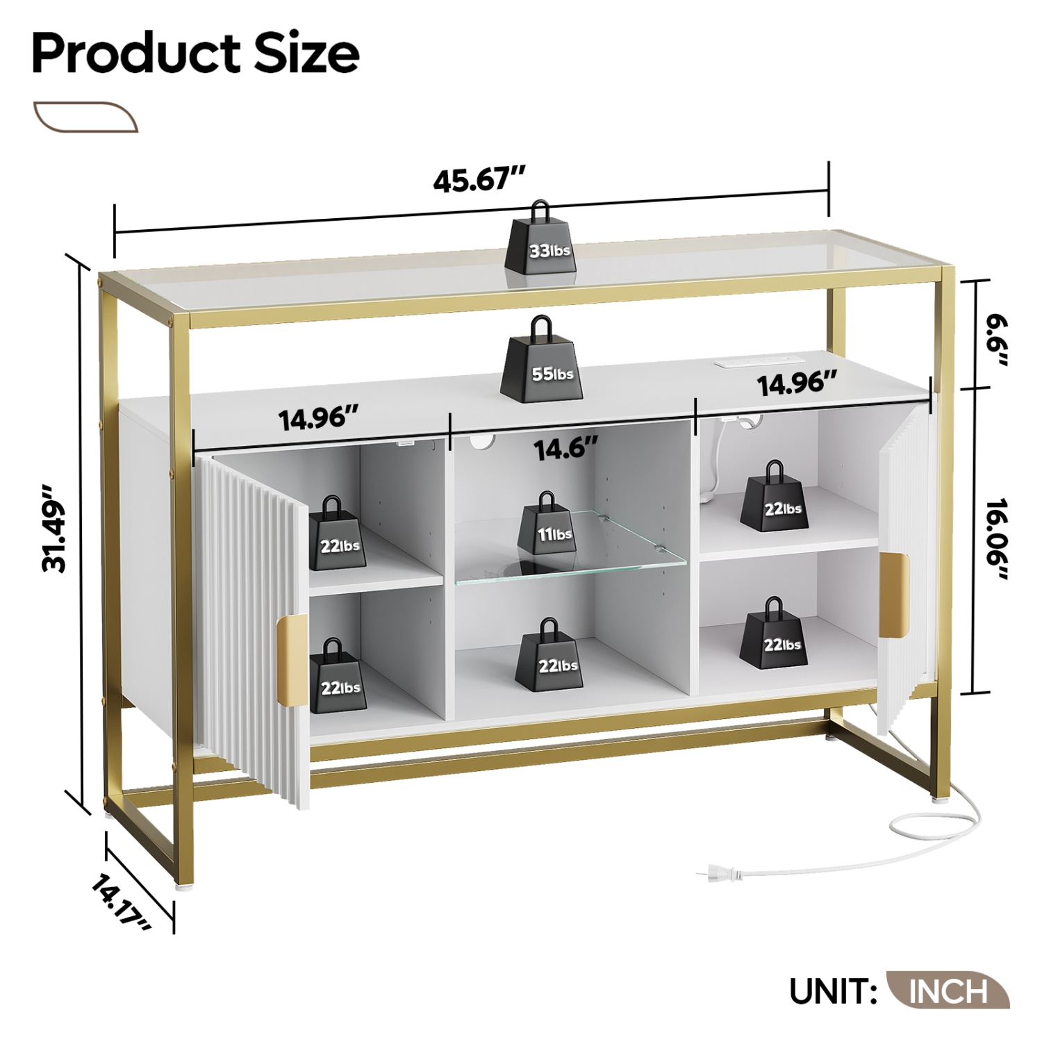Bestier 45.67" W LED Console Table with Storage, Modern Fluted Glossy Cabinet Credenza, Adjustable Shelves, Entryway Table for Living Room