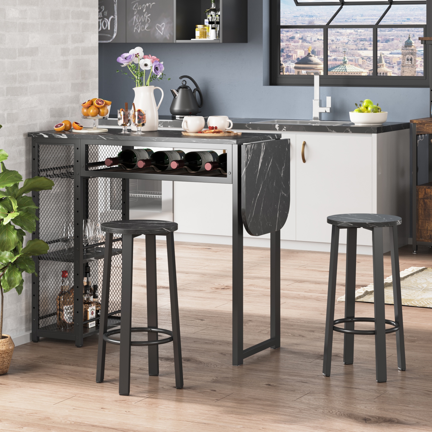 Ensemble avec table de bar style pub Bestier, tablettes ajustables et porte-gobelet pour bouteilles de vin